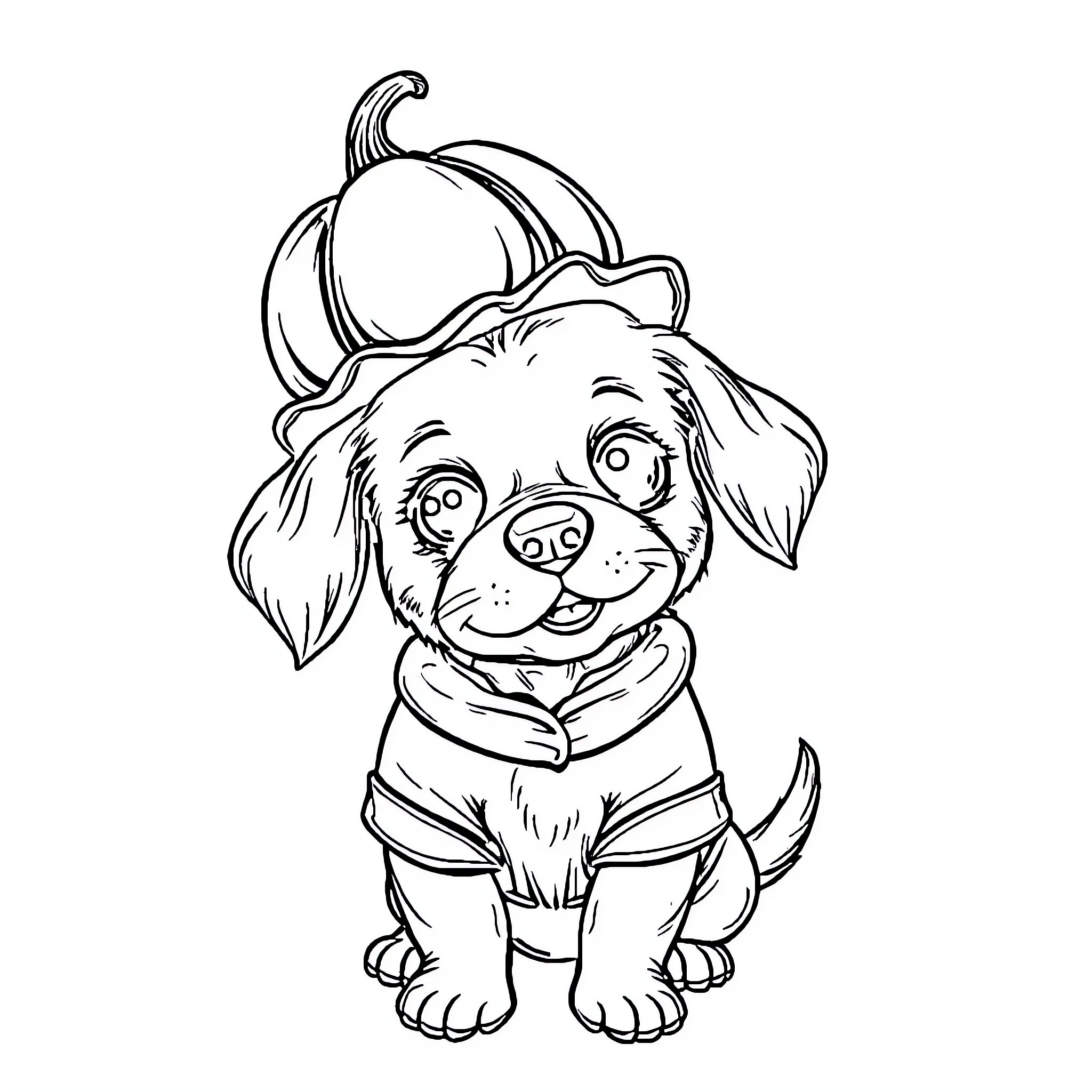 Dog wearing a cute cap and smiling Coloring Page (free black-and-white line drawing printable PDF for all, from beginners to advanced learners, including children, teens, adults, and seniors)