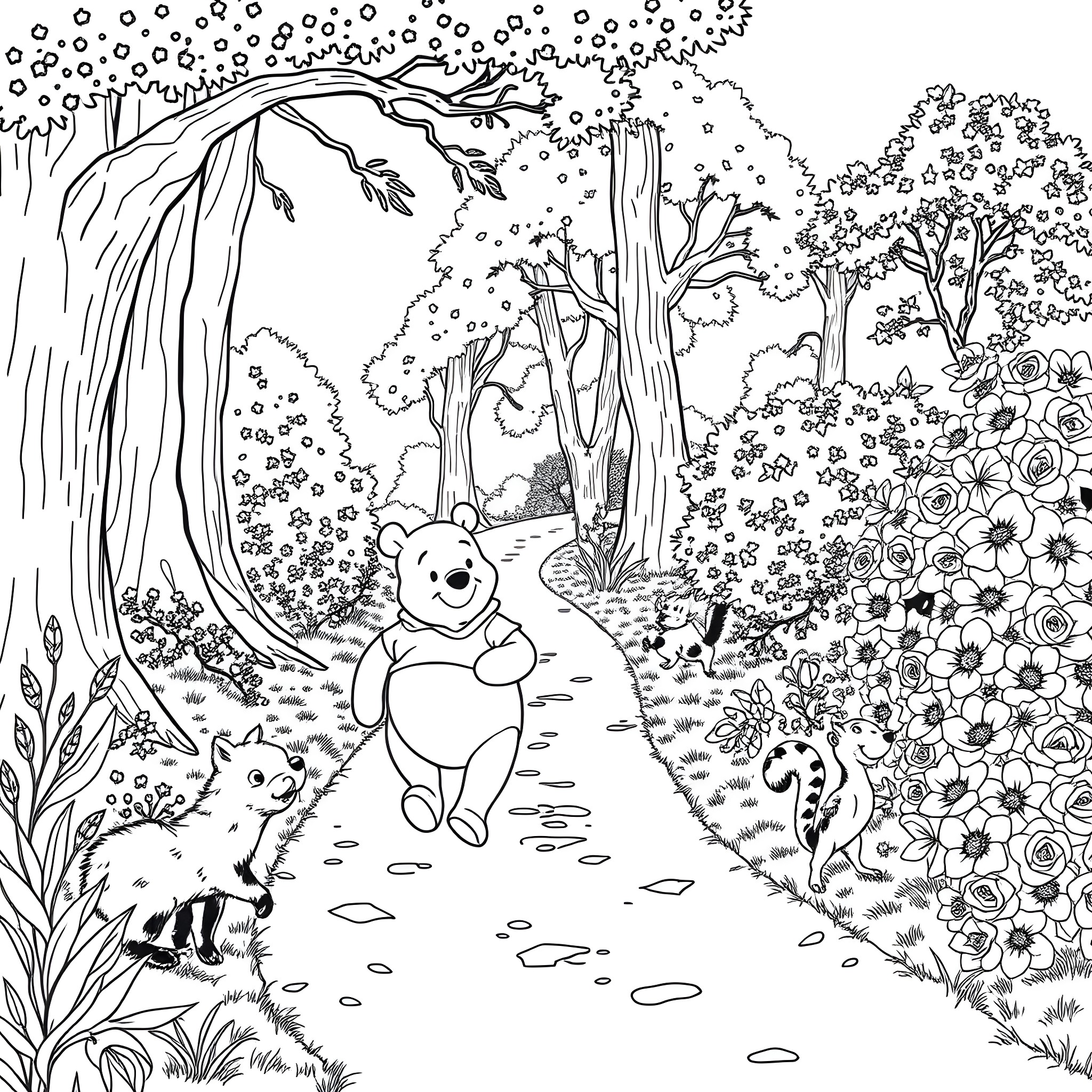 Winnie The Pooh explores the enchanted forest Coloring Page (free black-and-white line drawing printable PDF for all, from beginners to advanced learners, including children, teens, adults, and seniors)