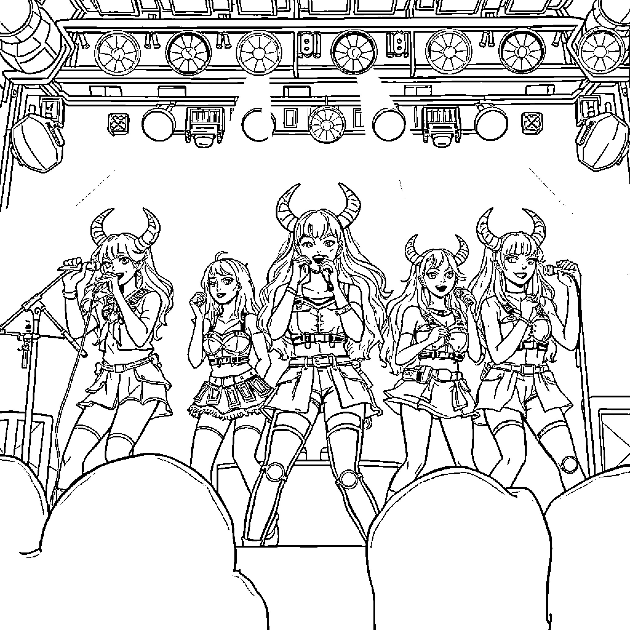 Zoey and her friends performing on stage Coloring Page (free black-and-white line drawing printable PDF for all, from beginners to advanced learners, including children, teens, adults, and seniors)
