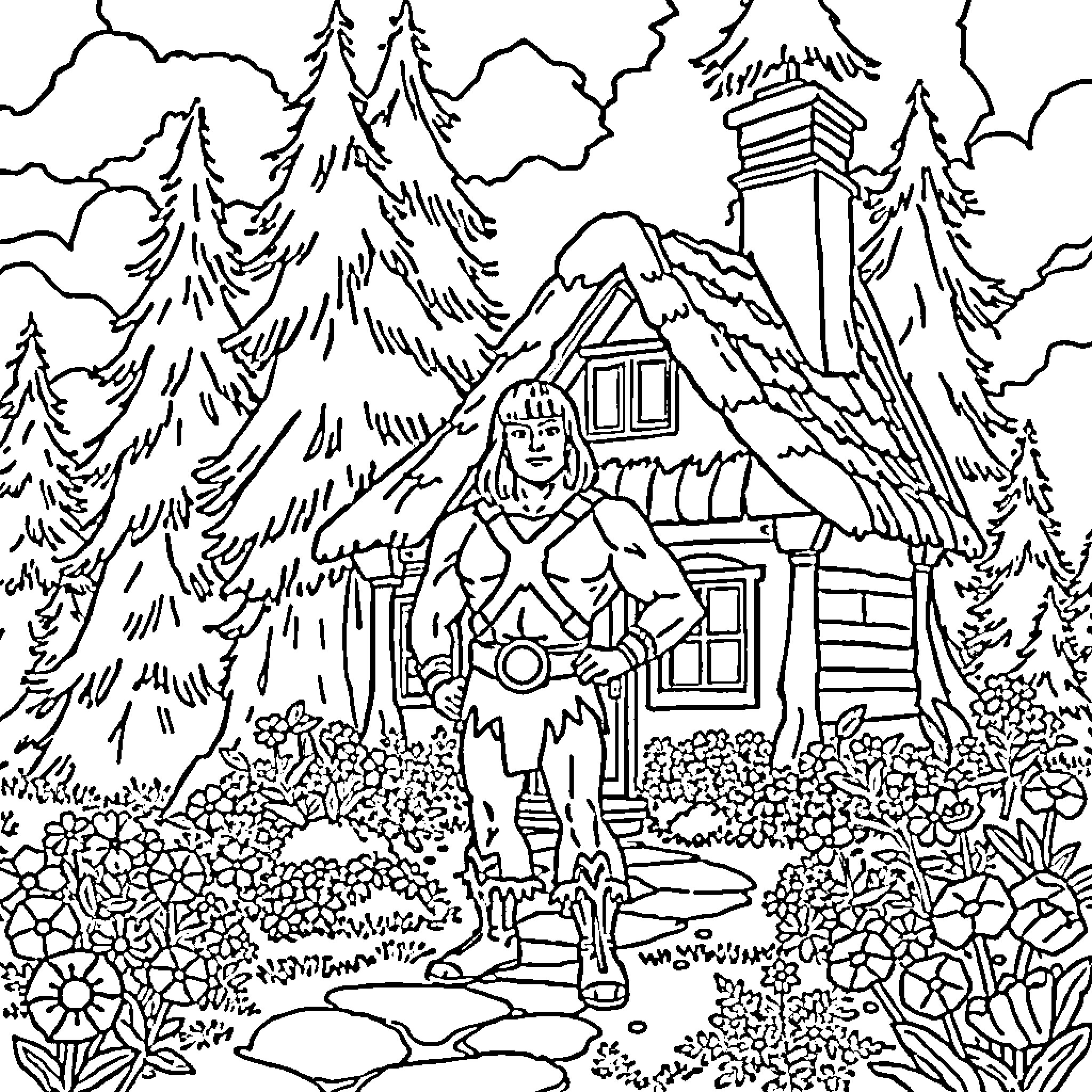 He-Man standing proudly in a mystical forest landscape Coloring Page (free black-and-white line drawing printable PDF for all, from beginners to advanced learners, including children, teens, adults, and seniors)