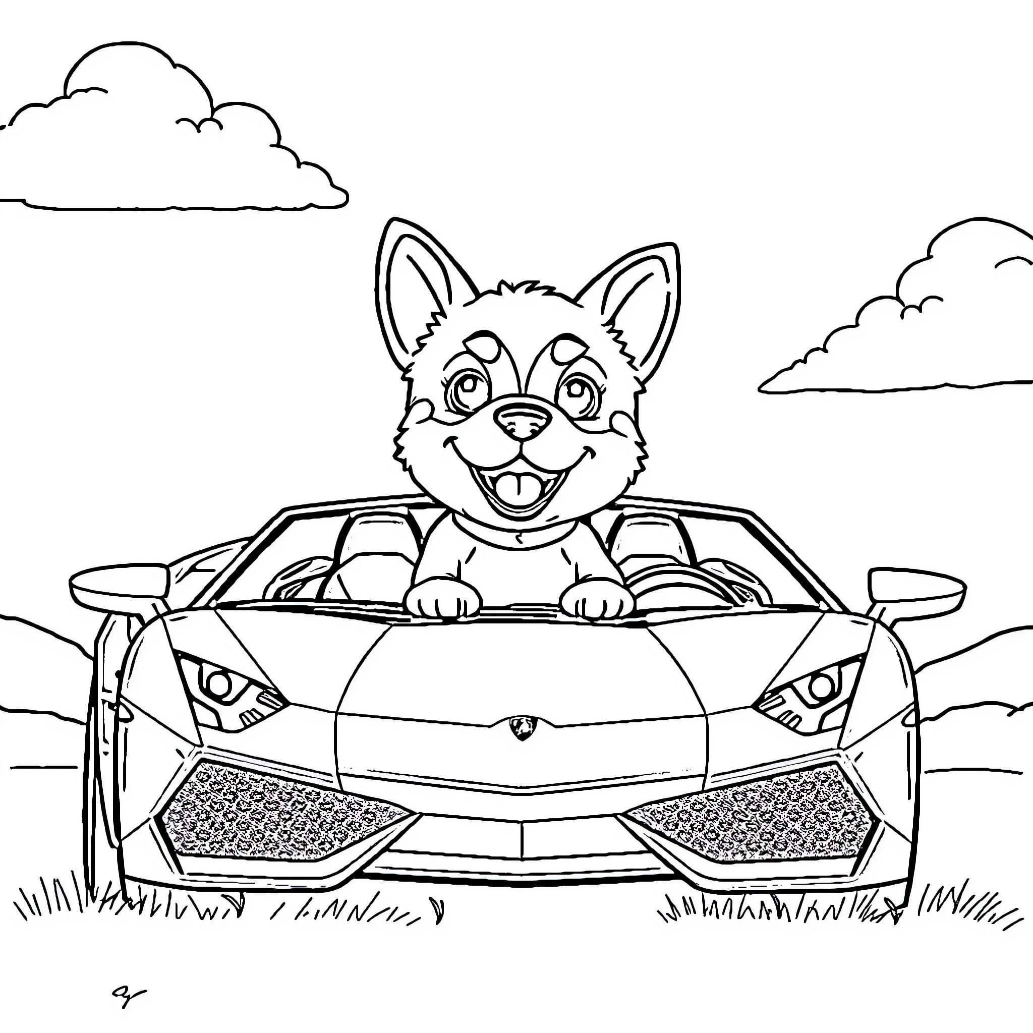 Pochacco driving a sports car happily Coloring Page (free black-and-white line drawing printable PDF for all, from beginners to advanced learners, including children, teens, adults, and seniors)