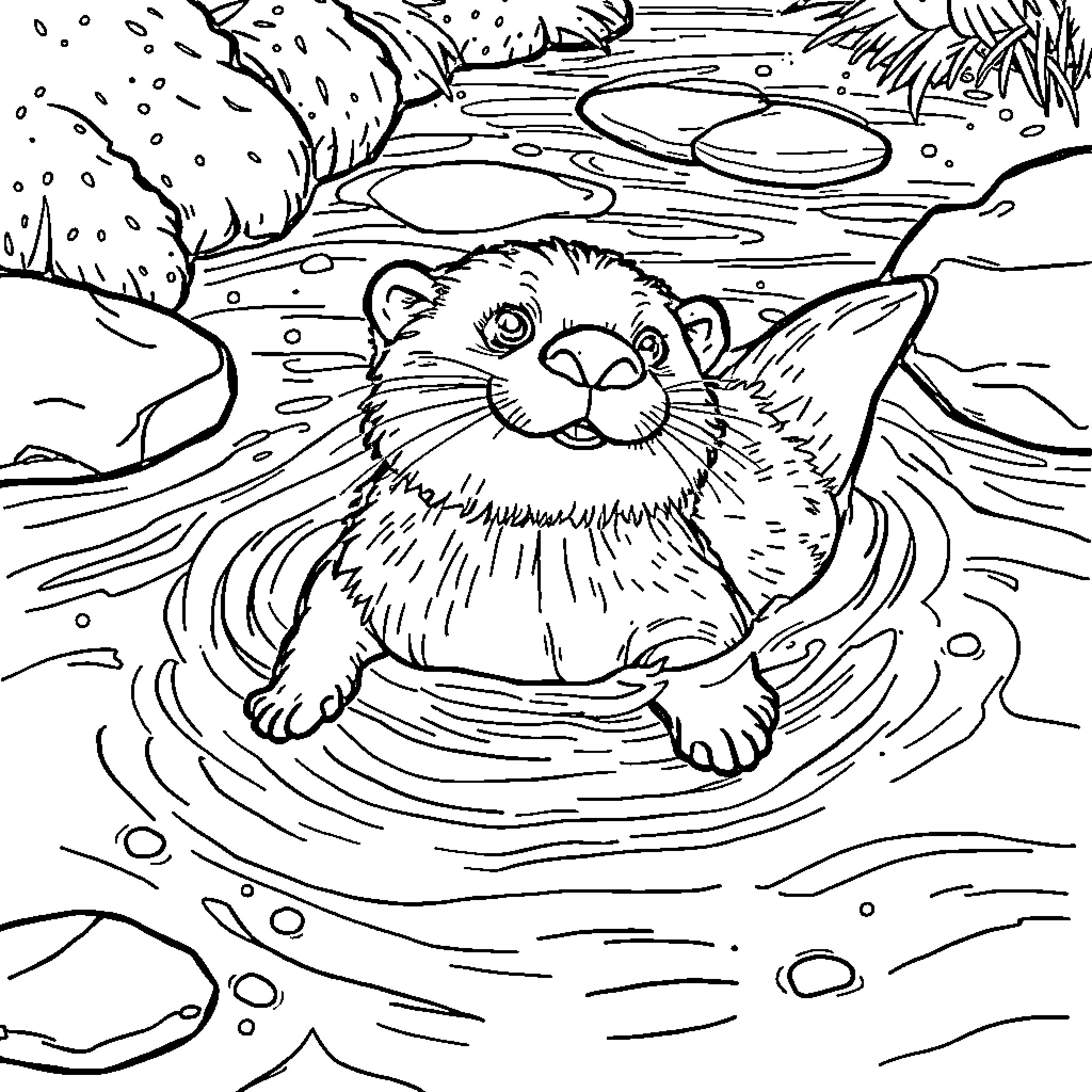 Otter swimming playfully in a pond Coloring Page (free black-and-white line drawing printable PDF for all, from beginners to advanced learners, including children, teens, adults, and seniors)