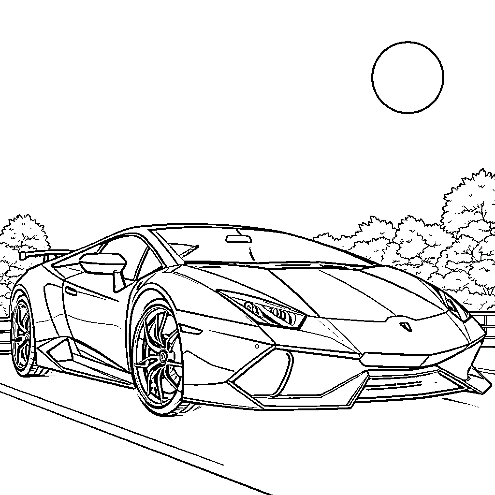 Lambo racing through the countryside Coloring Page (free black-and-white line drawing printable PDF for all, from beginners to advanced learners, including children, teens, adults, and seniors)