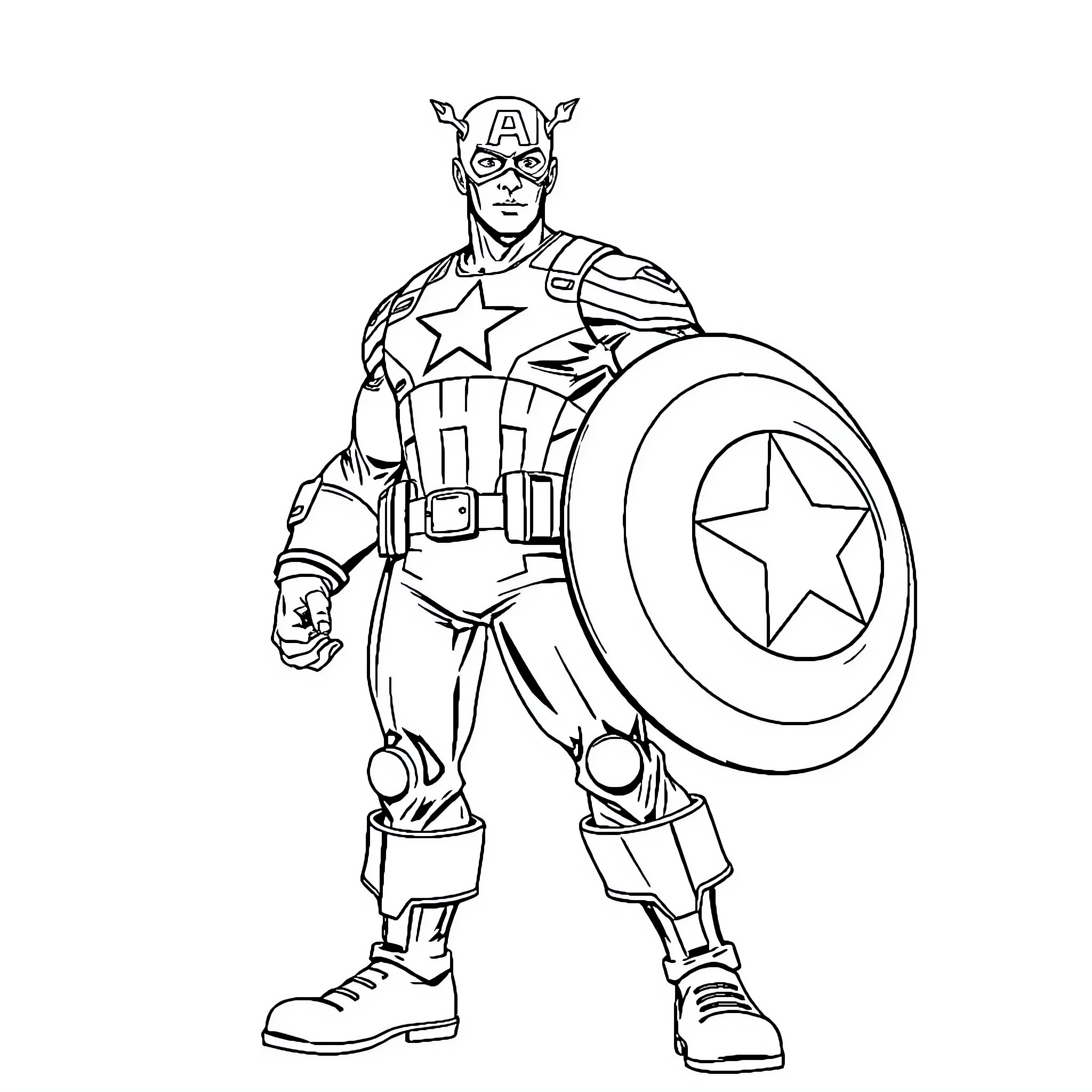 Captain America in Action Pose with Shield Coloring Page (free black-and-white line drawing printable PDF for all, from beginners to advanced learners, including children, teens, adults, and seniors)