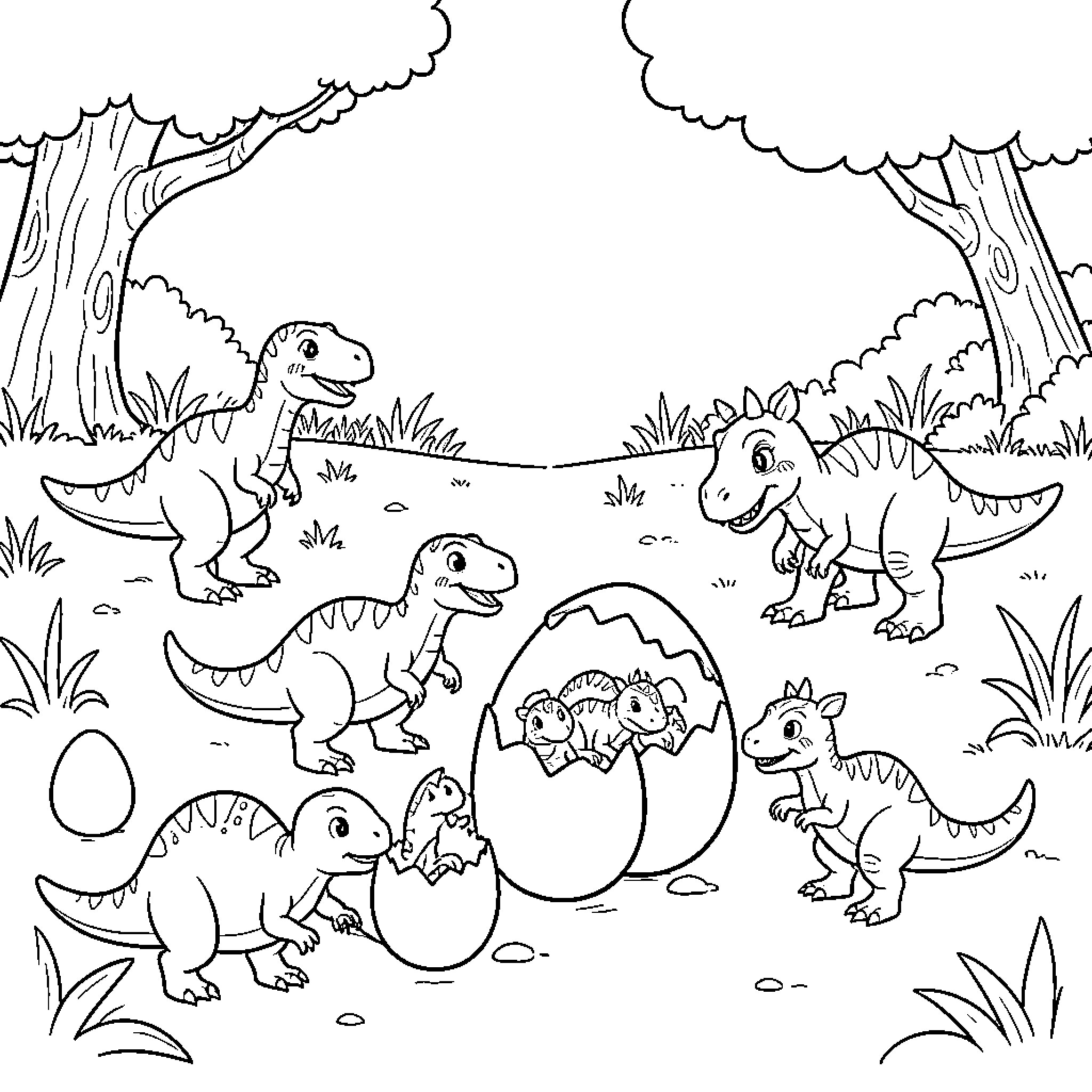Dinosaur family interacting around large hatching eggs Coloring Page (free black-and-white line drawing printable PDF for all, from beginners to advanced learners, including children, teens, adults, and seniors)