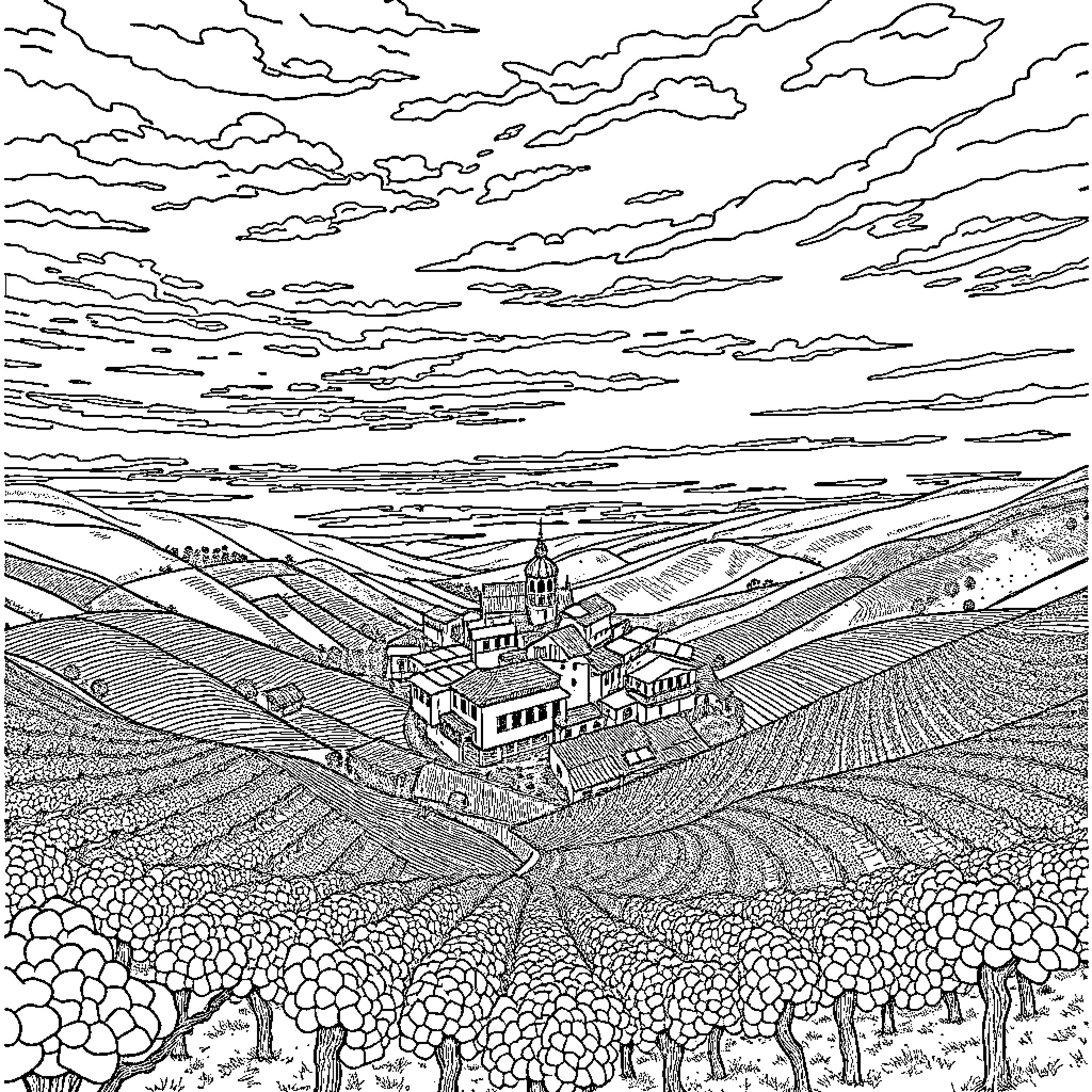 Douro Valley Vineyard Landscape Coloring Page (free black-and-white line drawing printable PDF for all, from beginners to advanced learners, including children, teens, adults, and seniors)