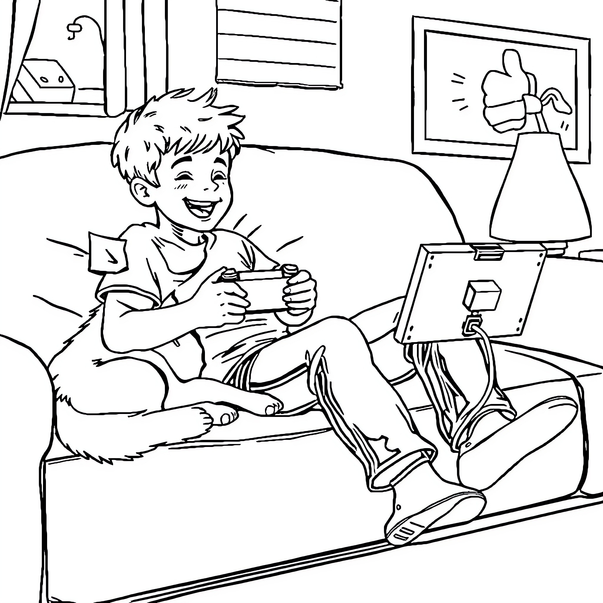Boy happily playing video game in living room Coloring Page (free black-and-white line drawing printable PDF for all, from beginners to advanced learners, including children, teens, adults, and seniors)