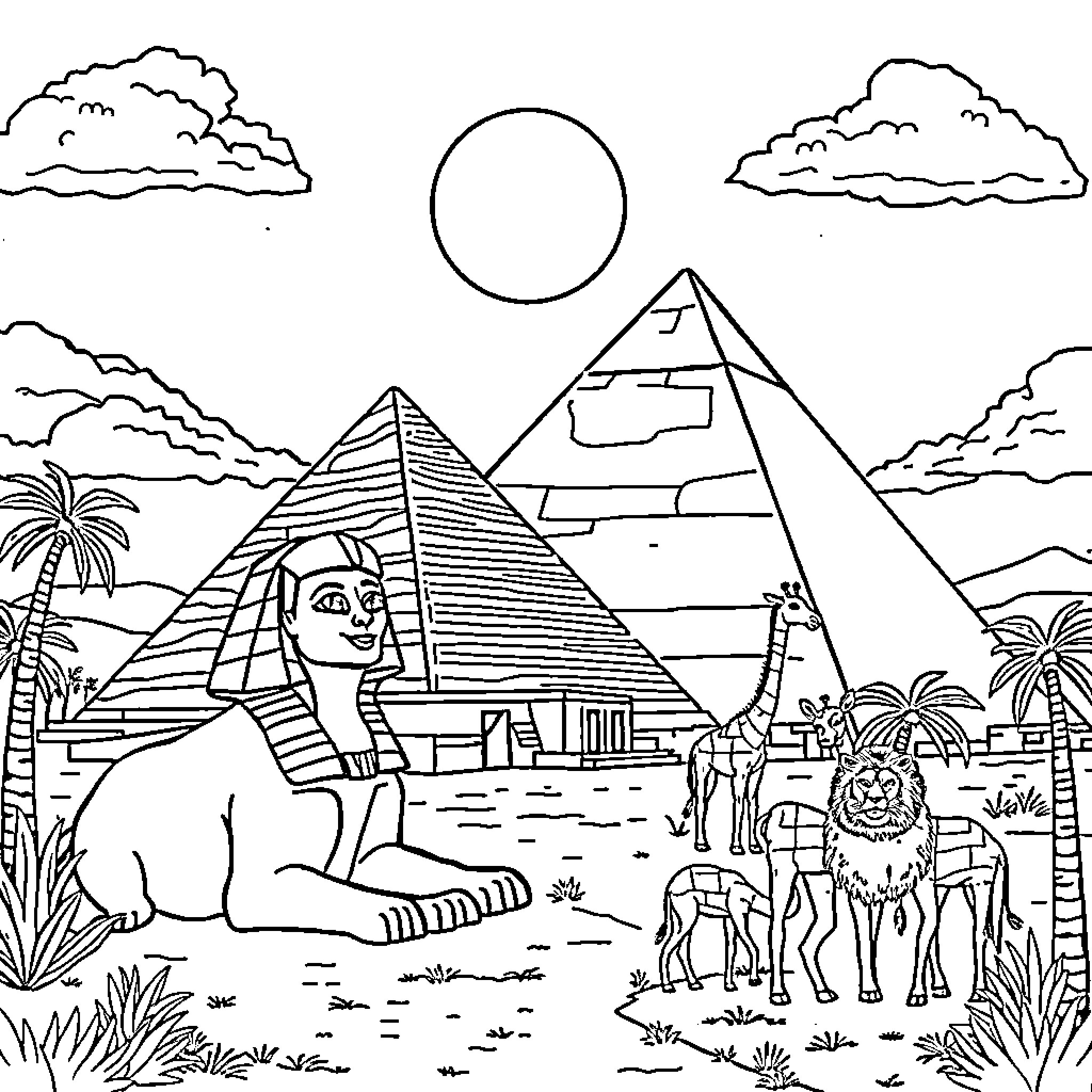 Pyramid with ancient Egyptian figures and wildlife Coloring Page (free black-and-white line drawing printable PDF for all, from beginners to advanced learners, including children, teens, adults, and seniors)