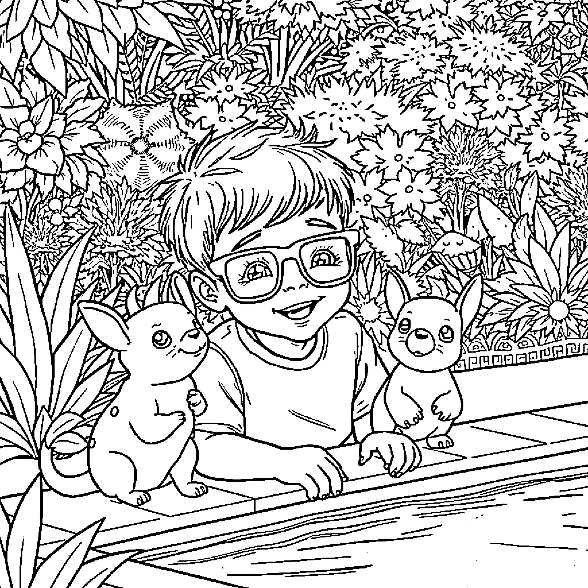 Niño exploring the lush, vibrant botanical garden Coloring Page (free black-and-white line drawing printable PDF for all, from beginners to advanced learners, including children, teens, adults, and seniors)