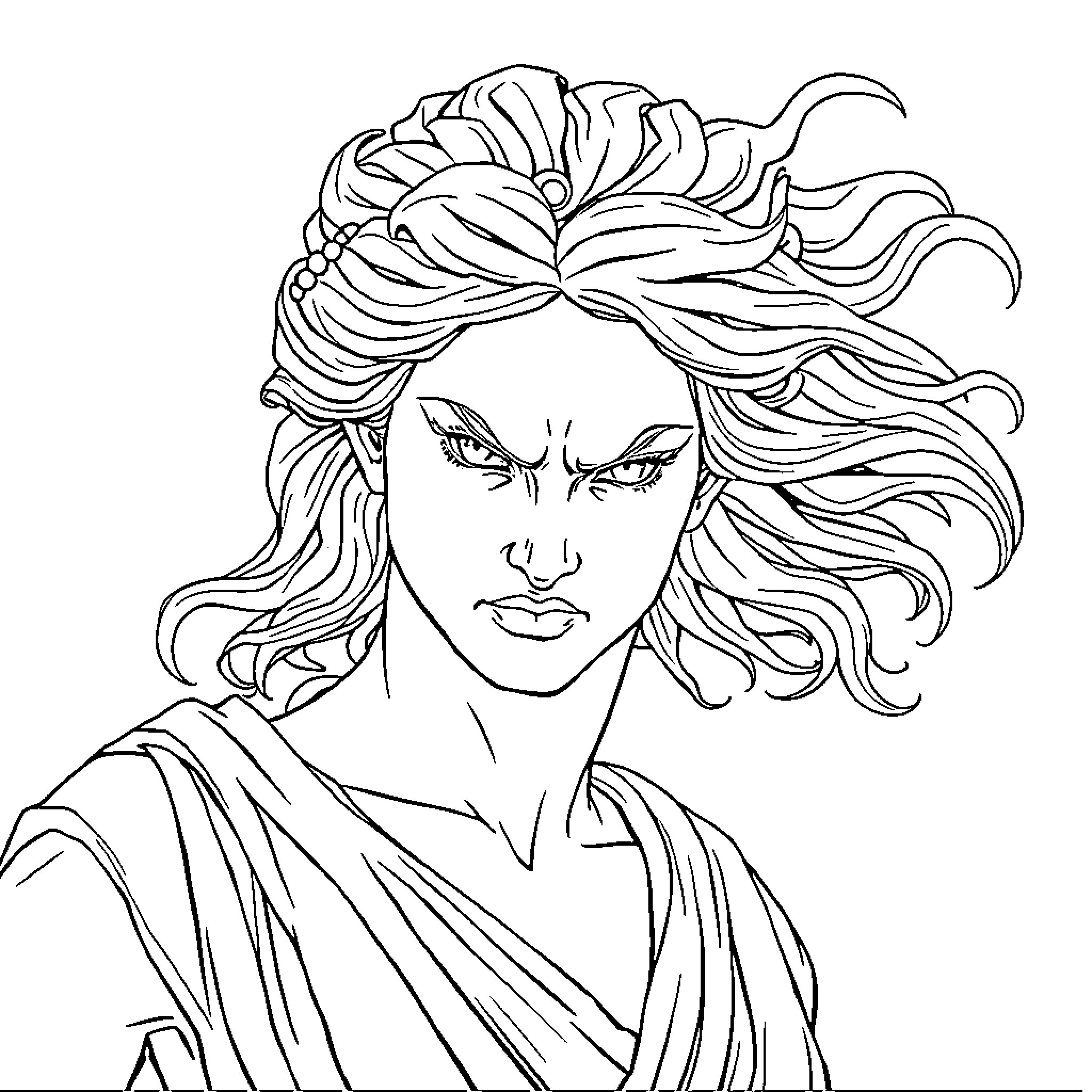 Lady with Fierce Gaze and Flowing Hair Coloring Page (free black-and-white line drawing printable PDF for all, from beginners to advanced learners, including children, teens, adults, and seniors)