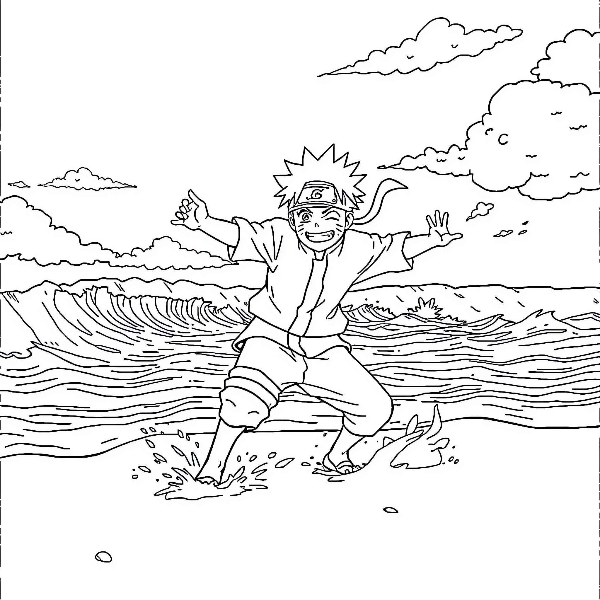 Naruto enjoying the waves on the beach Coloring Page (free black-and-white line drawing printable PDF for all, from beginners to advanced learners, including children, teens, adults, and seniors)