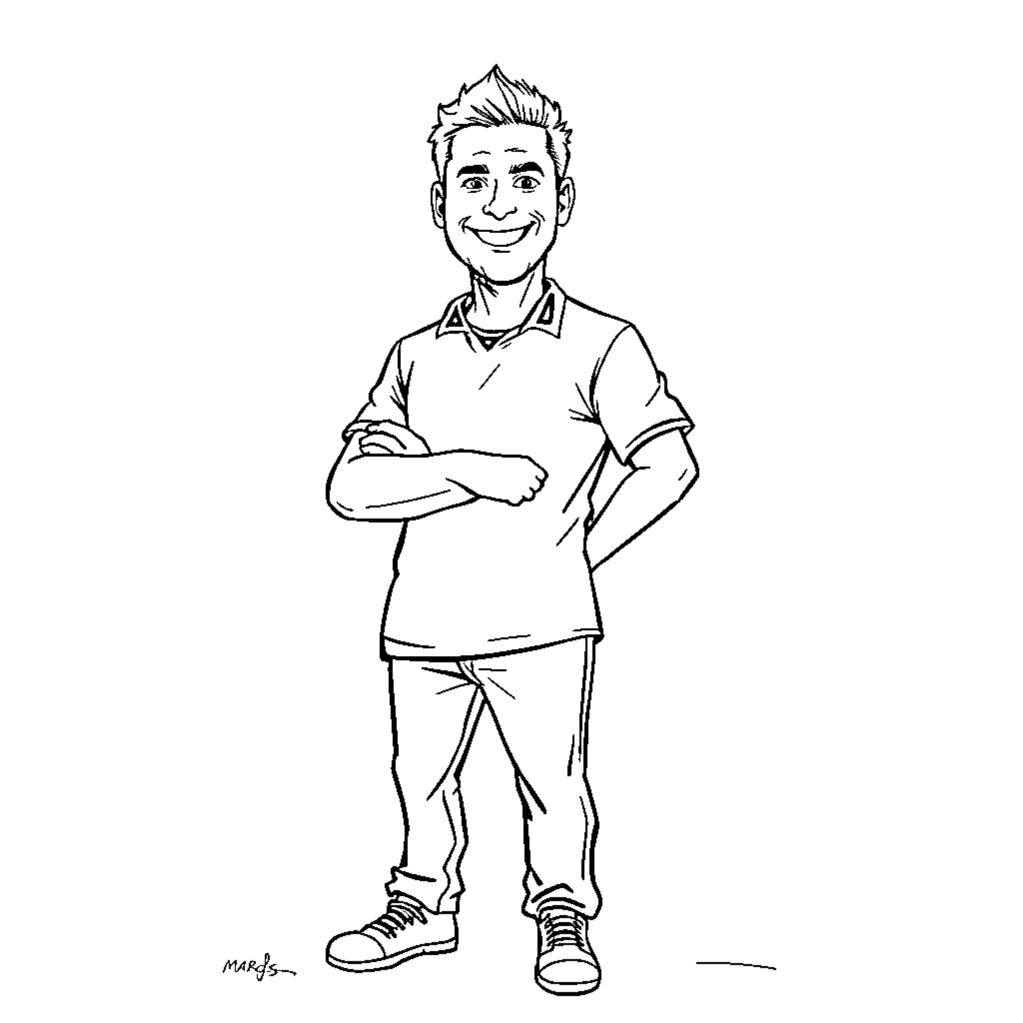 Mark Burgess standing casually in simple outfit Coloring Page (free black-and-white line drawing printable PDF for all, from beginners to advanced learners, including children, teens, adults, and seniors)