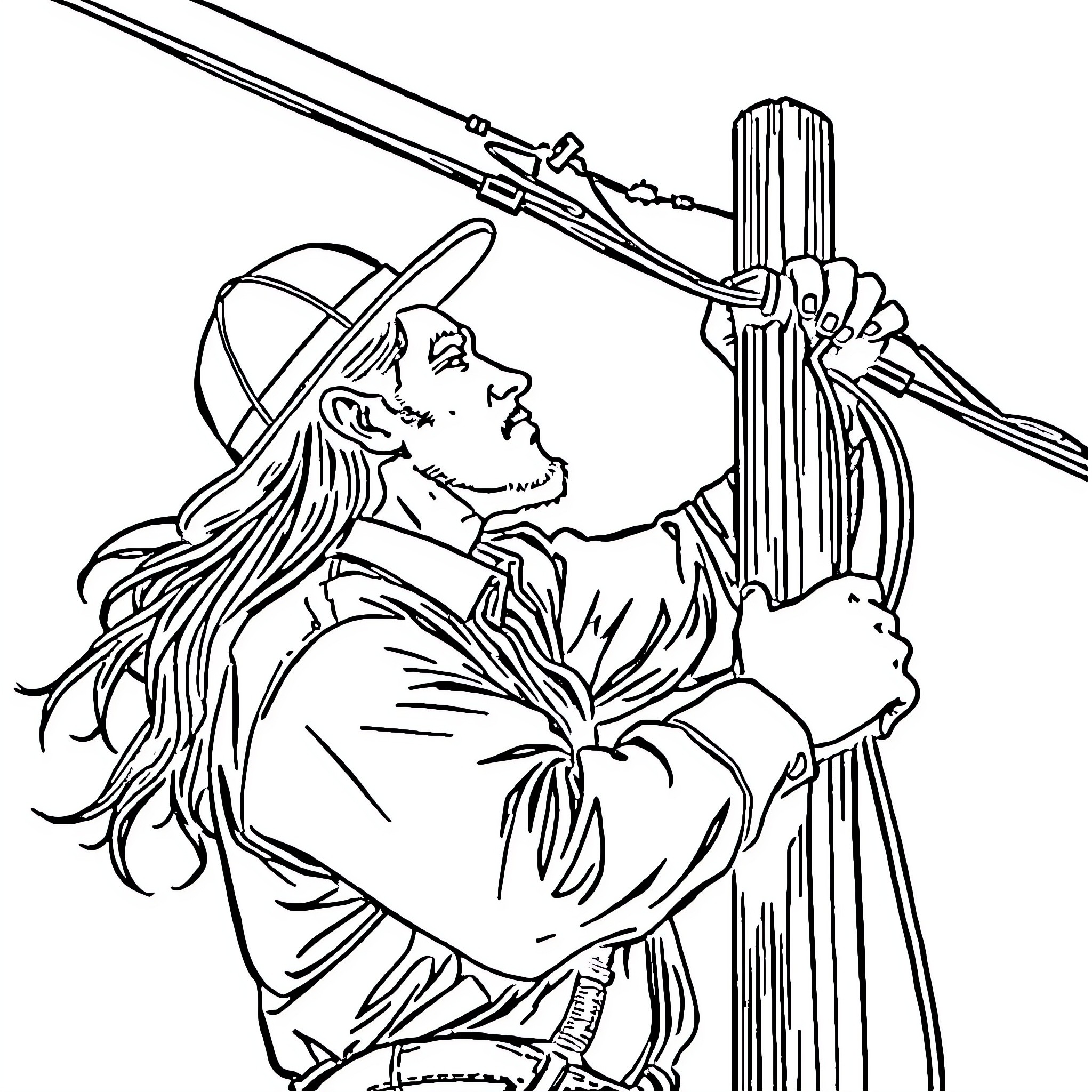 Man wielding a large sword in a dramatic pose Coloring Page (free black-and-white line drawing printable PDF for all, from beginners to advanced learners, including children, teens, adults, and seniors)