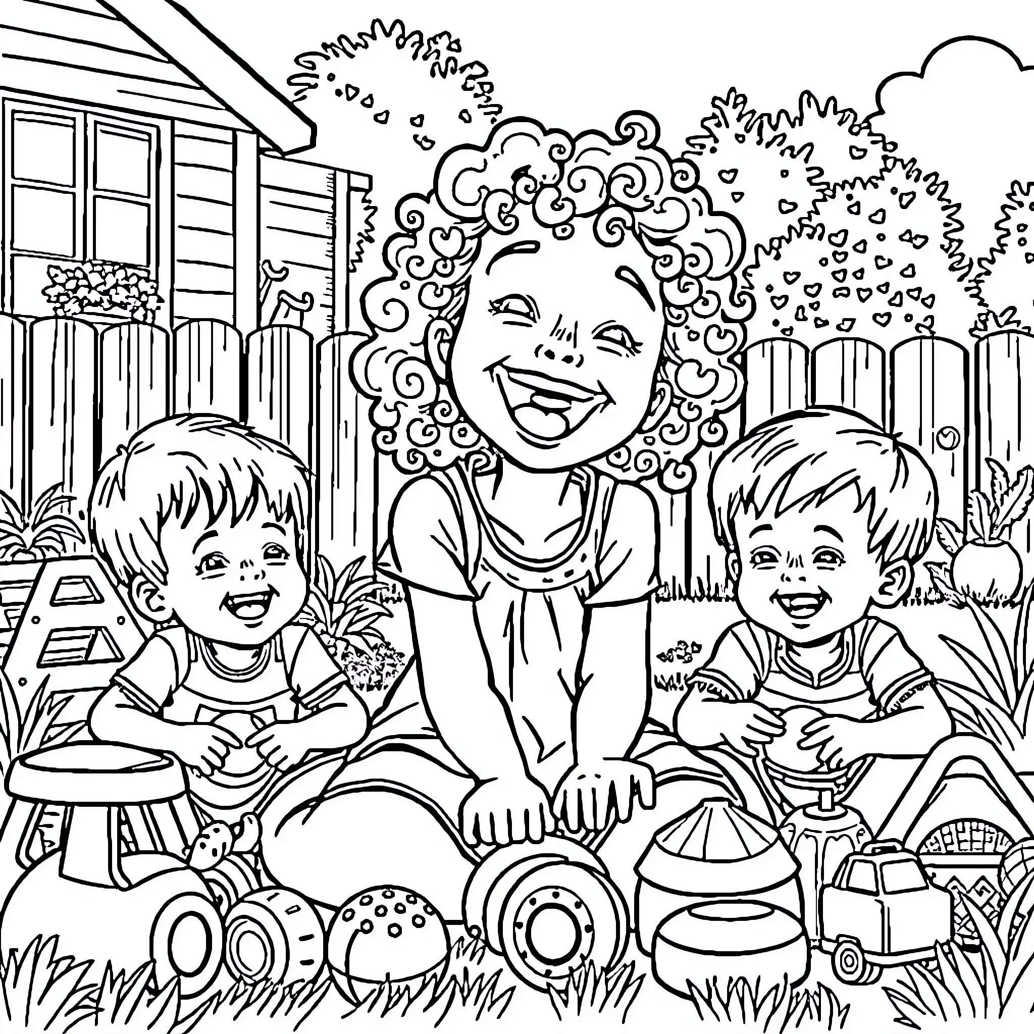 Children playing happily in the backyard Coloring Page (free black-and-white line drawing printable PDF for all, from beginners to advanced learners, including children, teens, adults, and seniors)