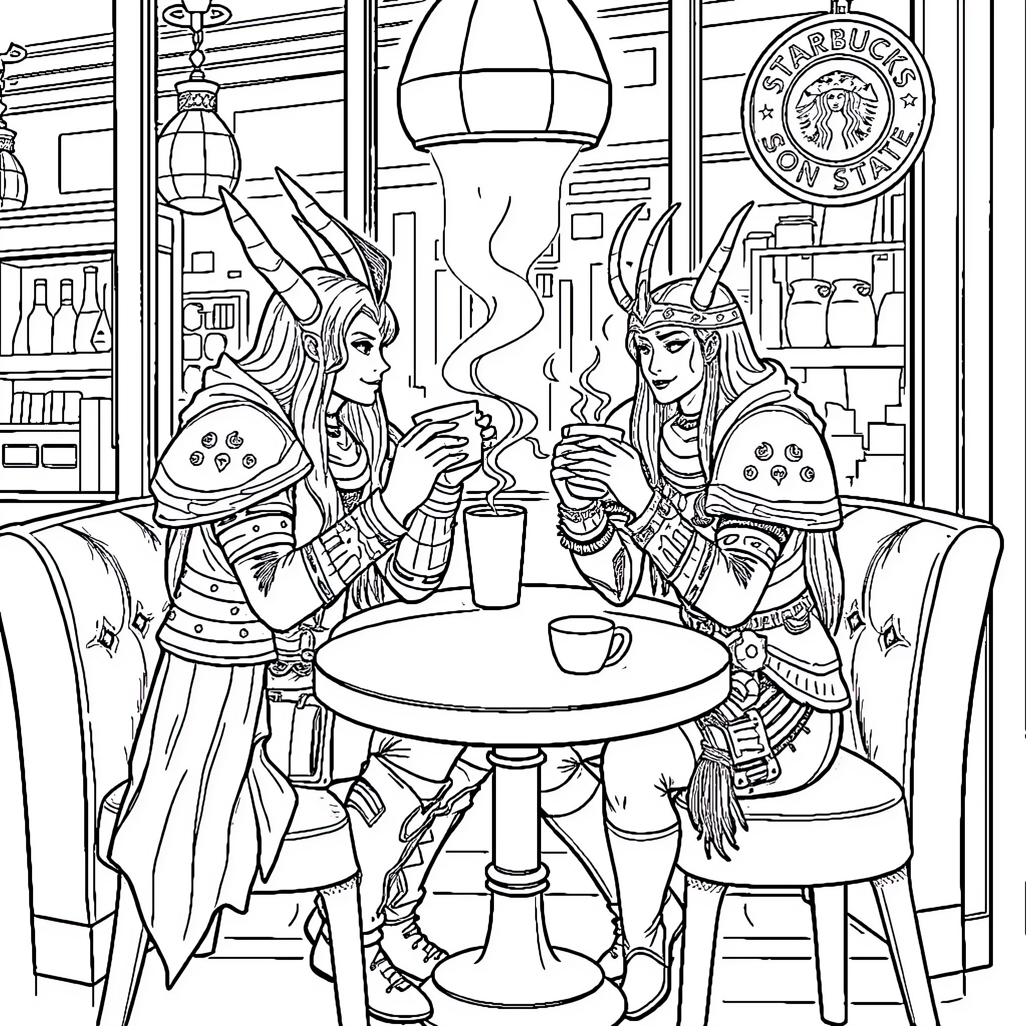 Einhyr Knights Enjoying Drinks at the Local Tavern Coloring Page (free black-and-white line drawing printable PDF for all, from beginners to advanced learners, including children, teens, adults, and seniors)