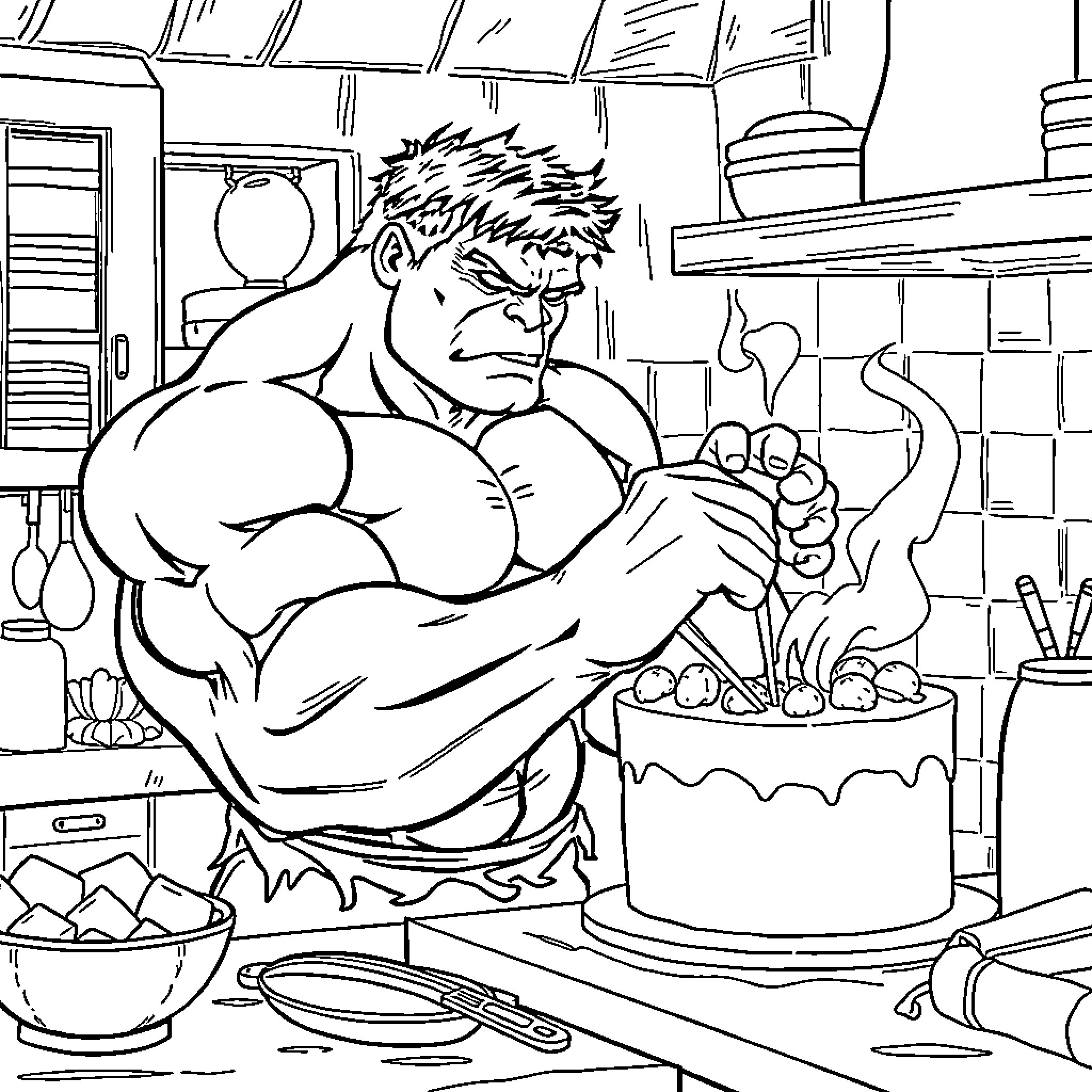 Hulk angrily cooking in a kitchen Coloring Page (free black-and-white line drawing printable PDF for all, from beginners to advanced learners, including children, teens, adults, and seniors)