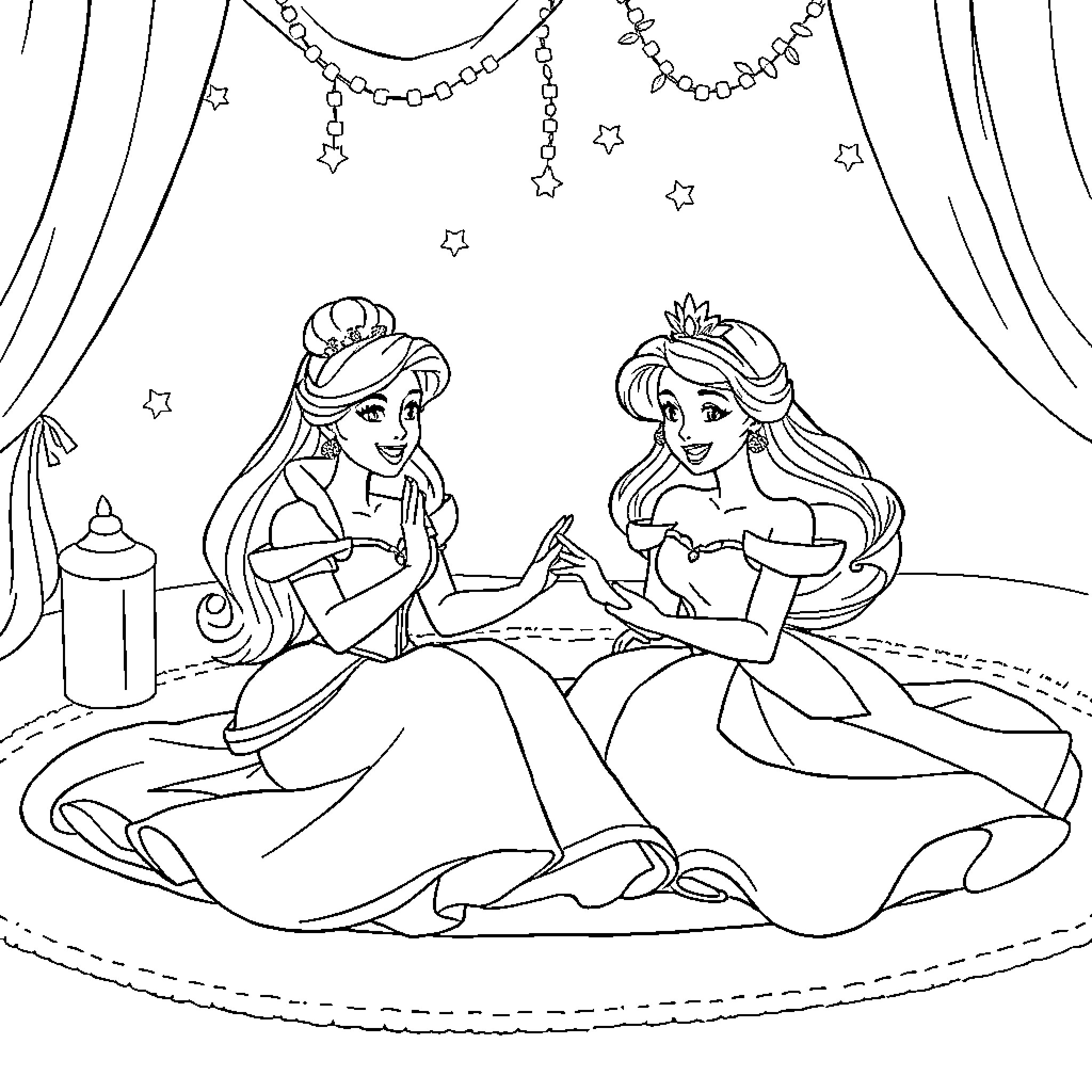 Disney Princesses Sharing a Moment Together Coloring Page (free black-and-white line drawing printable PDF for all, from beginners to advanced learners, including children, teens, adults, and seniors)