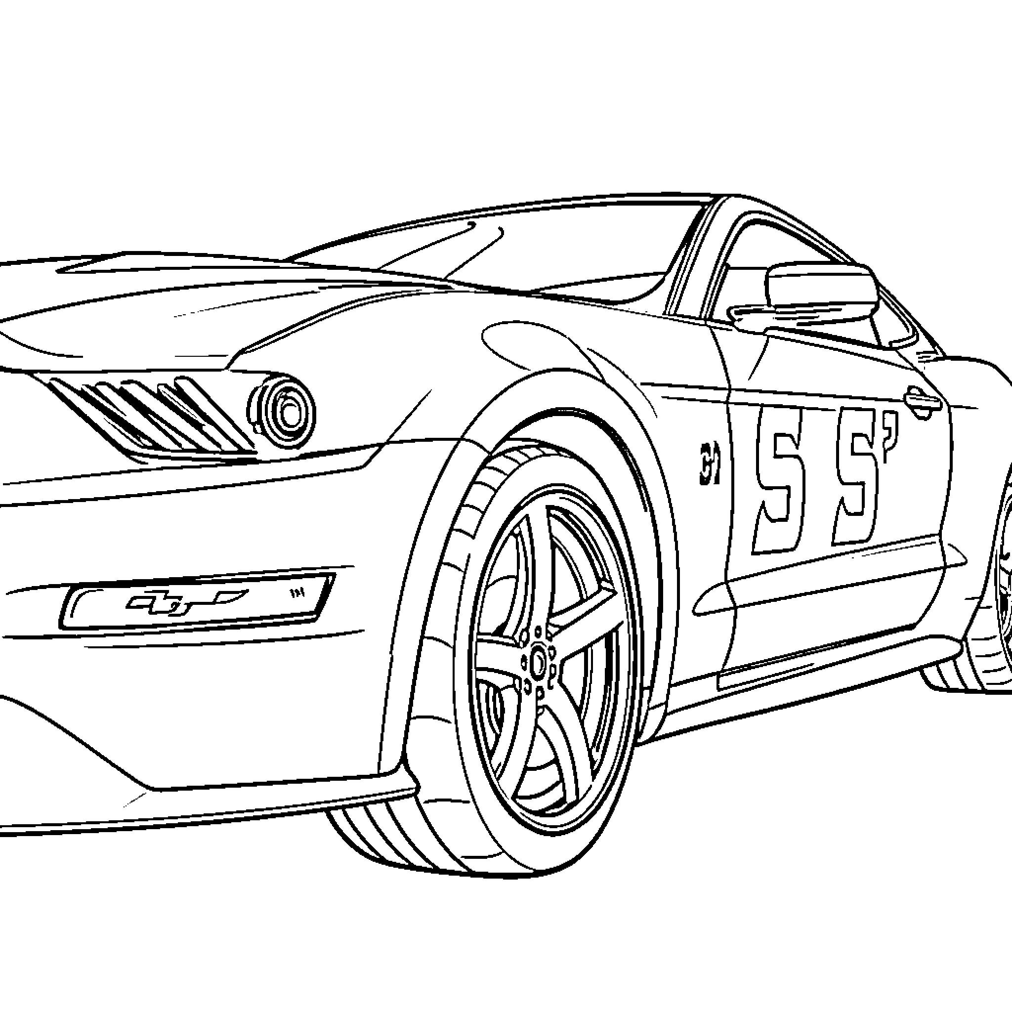 Ford Mustang racing car in action Coloring Page (free black-and-white line drawing printable PDF for all, from beginners to advanced learners, including children, teens, adults, and seniors)