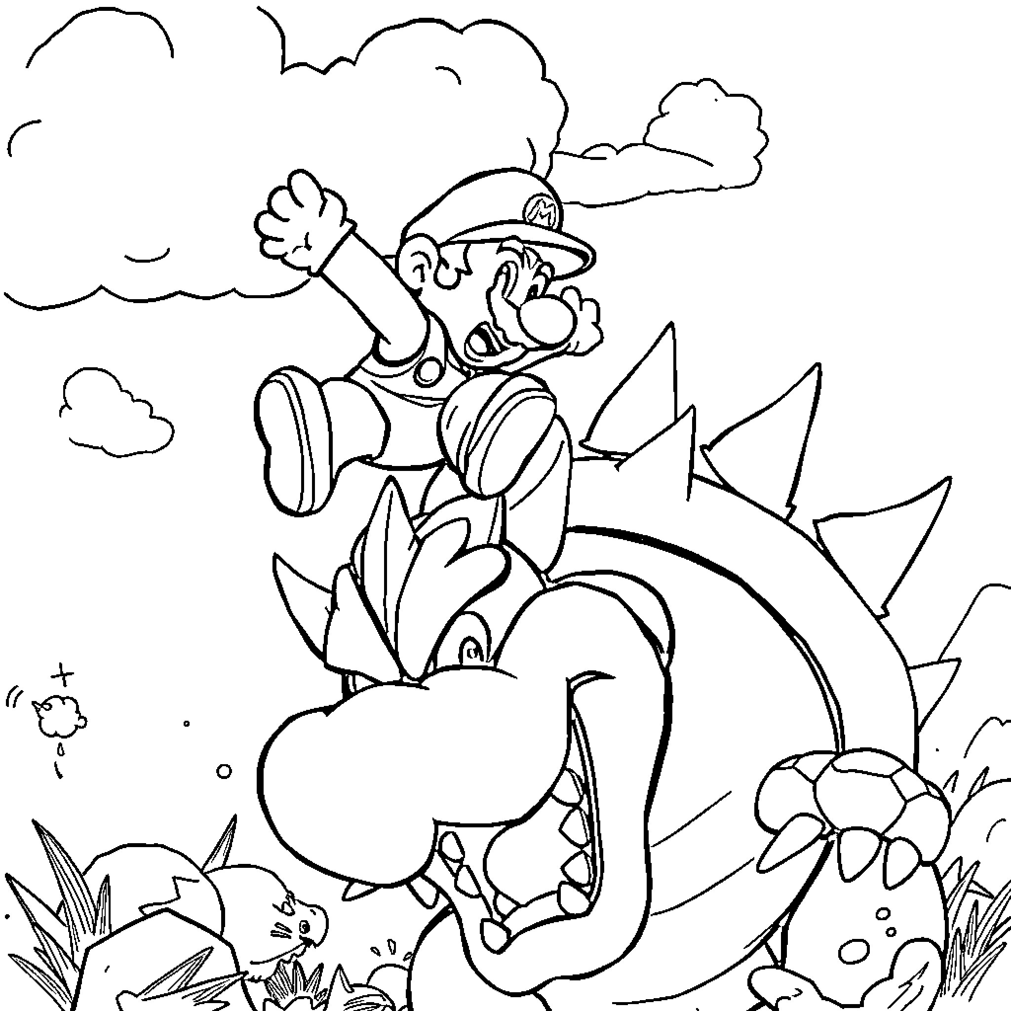 Mario Riding Yoshi Through the Wilderness Coloring Page (free black-and-white line drawing printable PDF for all, from beginners to advanced learners, including children, teens, adults, and seniors)