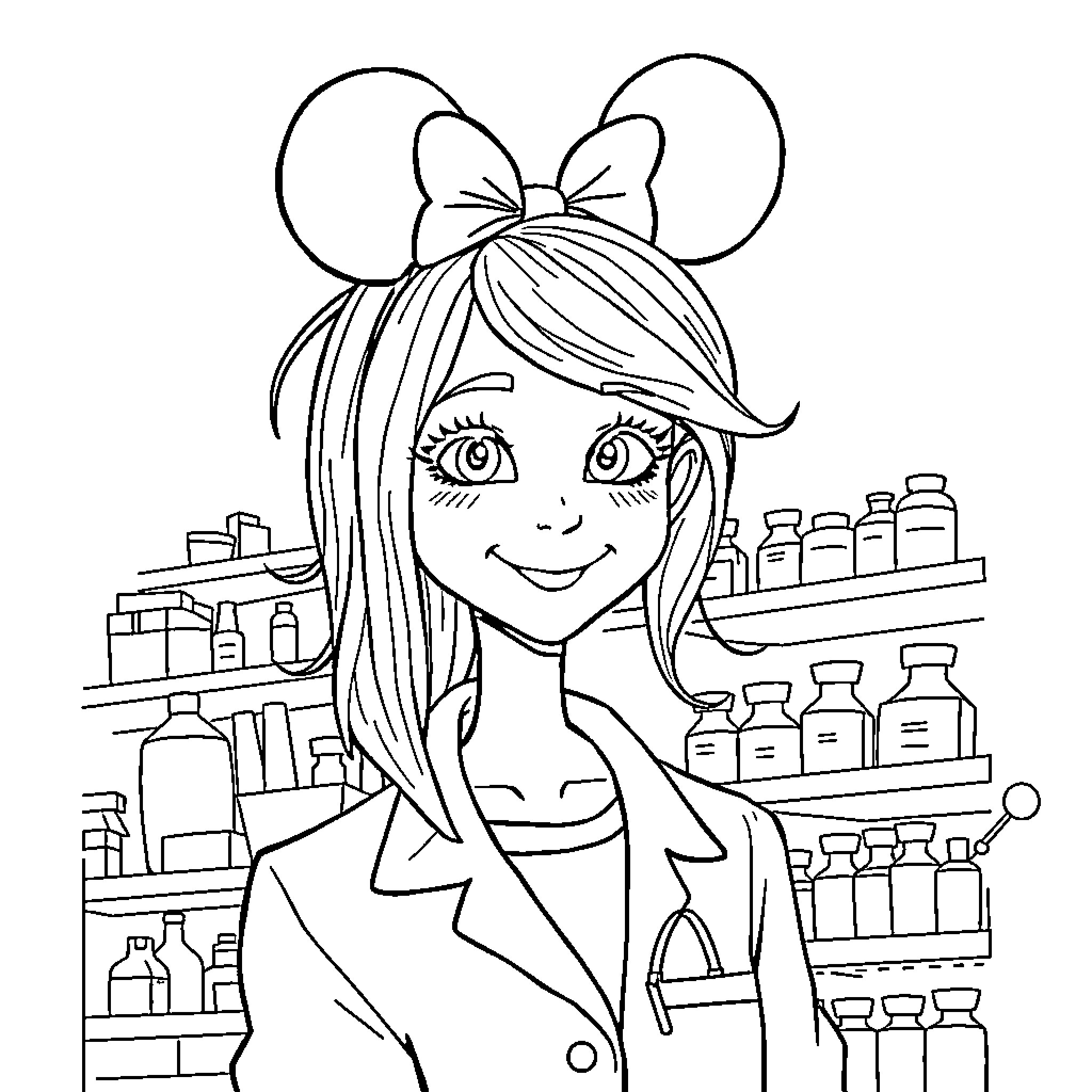 Pharmacy Girl Working Diligently in the Store Coloring Page (free black-and-white line drawing printable PDF for all, from beginners to advanced learners, including children, teens, adults, and seniors)