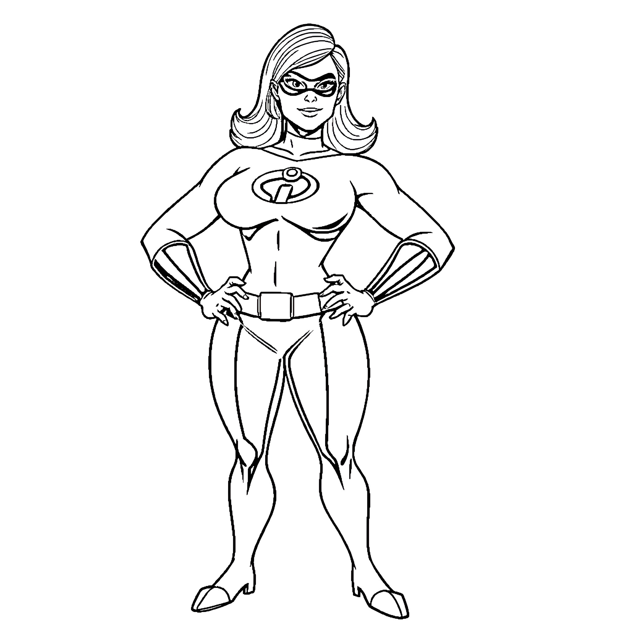 Mrs. Incredible striking a heroic pose Coloring Page (free black-and-white line drawing printable PDF for all, from beginners to advanced learners, including children, teens, adults, and seniors)