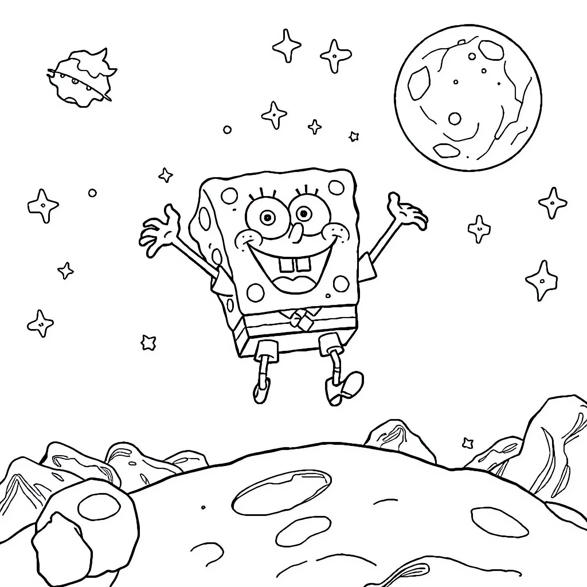 Spongebob floating in space with stars Coloring Page (free black-and-white line drawing printable PDF for all, from beginners to advanced learners, including children, teens, adults, and seniors)
