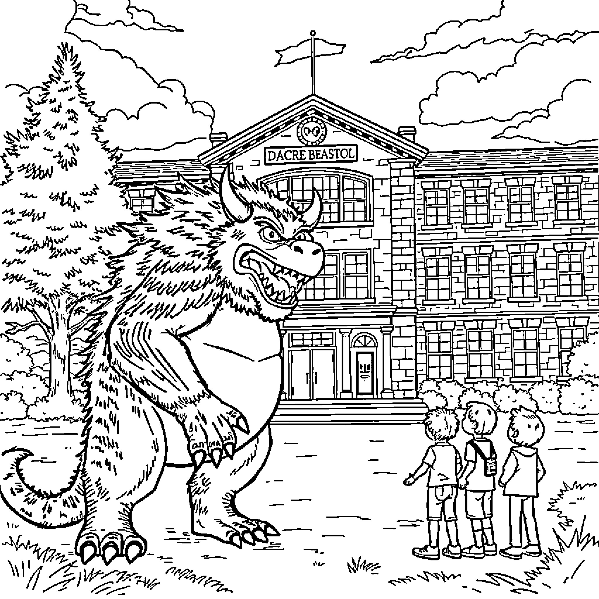 Beast stalking students near mysterious school Coloring Page (free black-and-white line drawing printable PDF for all, from beginners to advanced learners, including children, teens, adults, and seniors)