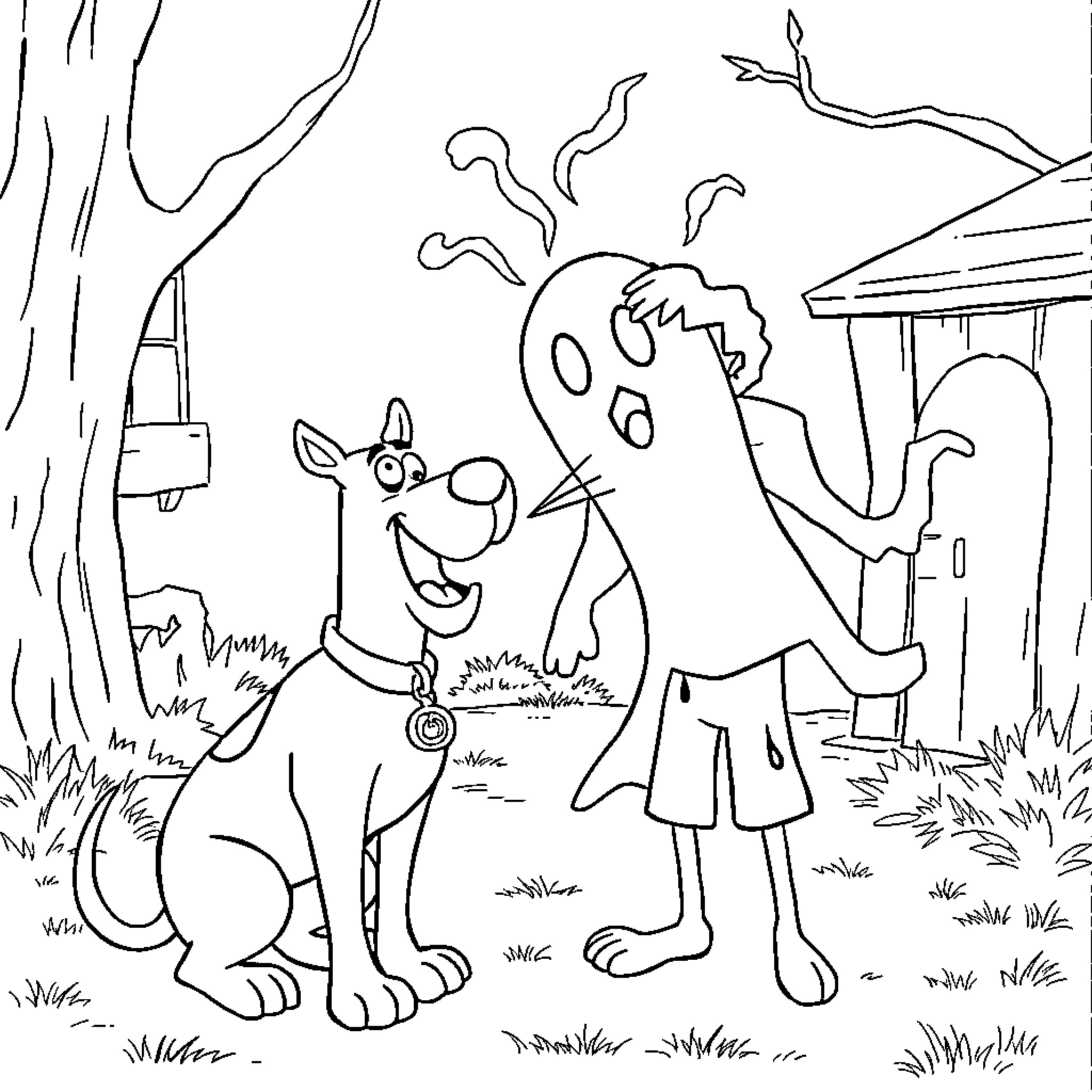 Scooby Doo and Shaggy in an animated scene Coloring Page (free black-and-white line drawing printable PDF for all, from beginners to advanced learners, including children, teens, adults, and seniors)