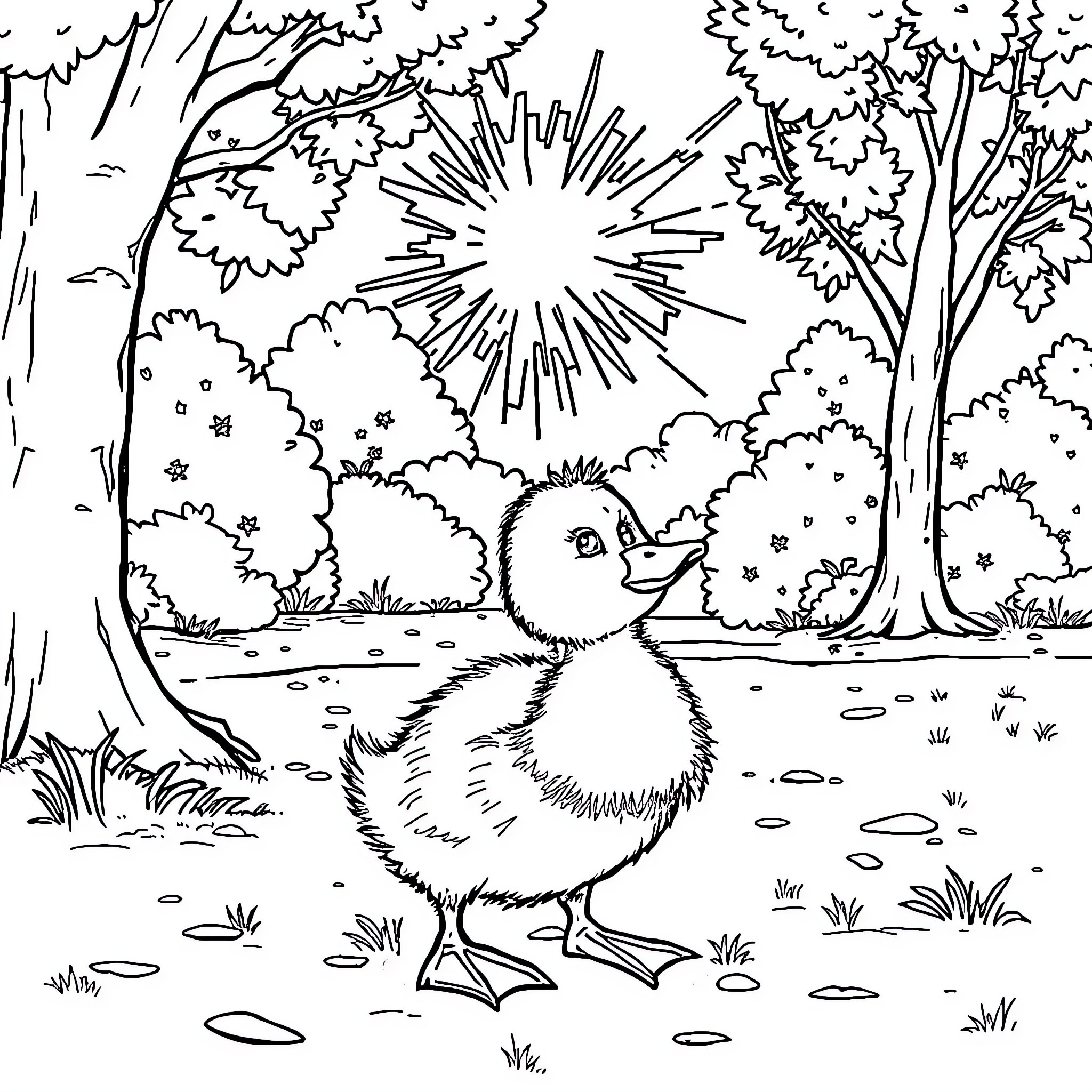 Duckling exploring nature's wonders Coloring Page (free black-and-white line drawing printable PDF for all, from beginners to advanced learners, including children, teens, adults, and seniors)