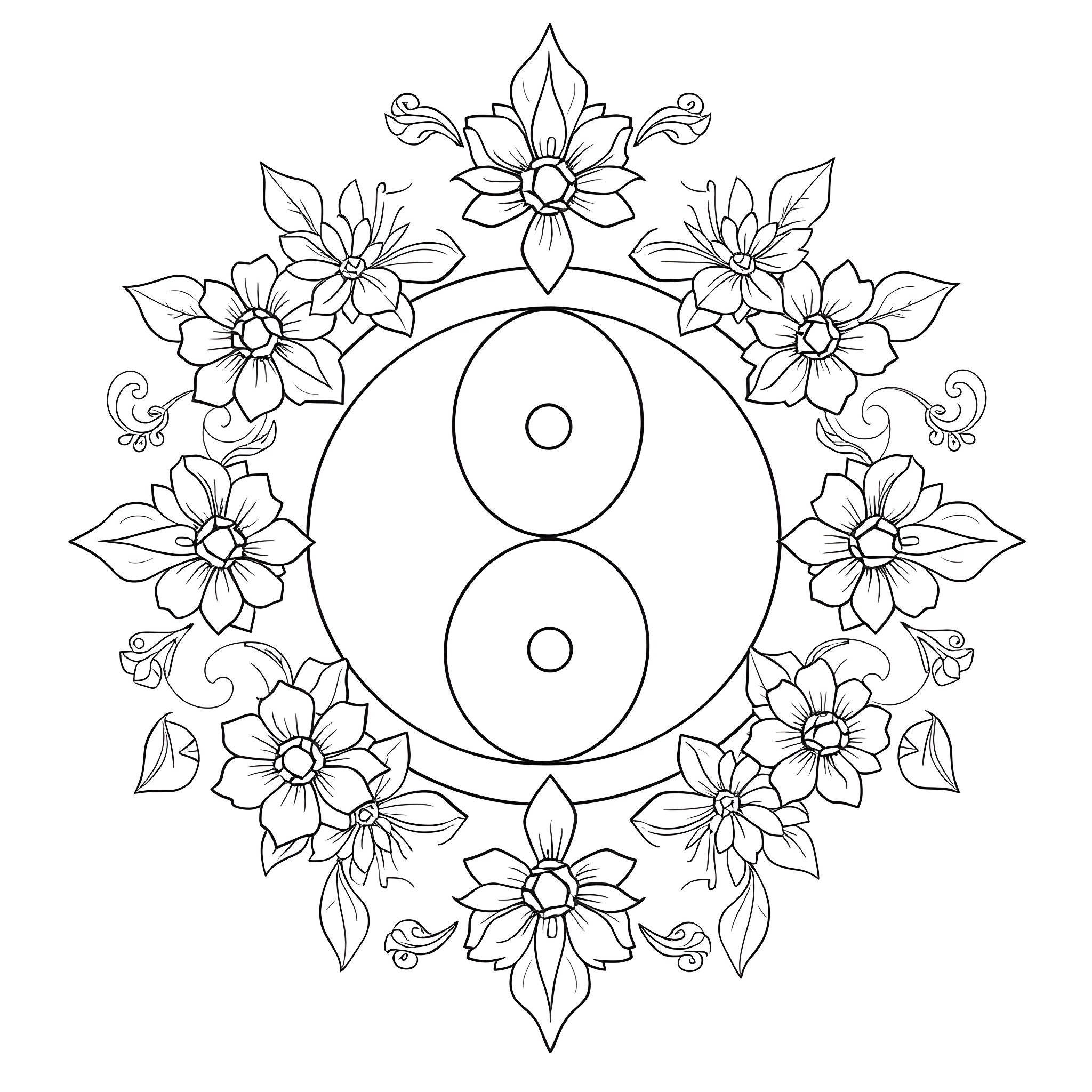 Yin Yang Floral Mandala Coloring Page (free black-and-white line drawing printable PDF for all, from beginners to advanced learners, including children, teens, adults, and seniors)