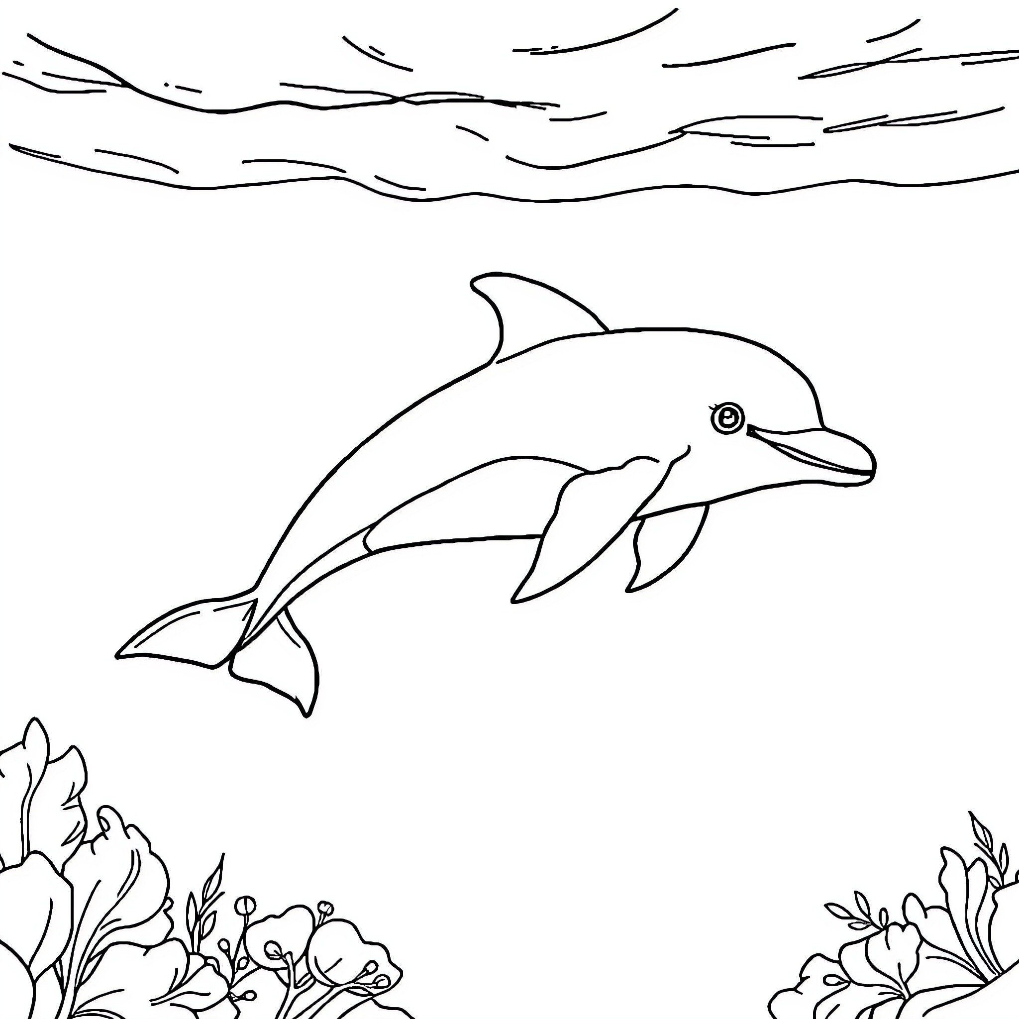 Dolphin swimming gracefully in the ocean Coloring Page (free black-and-white line drawing printable PDF for all, from beginners to advanced learners, including children, teens, adults, and seniors)