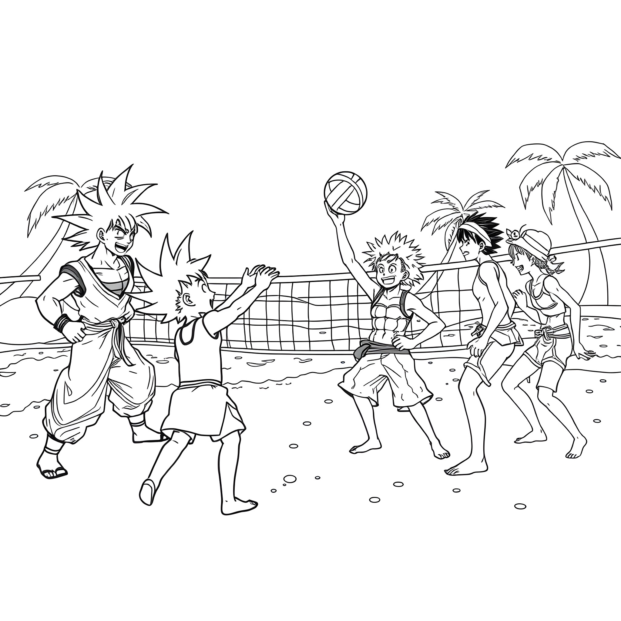 Character Beach Volleyball Game Coloring Page (free black-and-white line drawing printable PDF for all, from beginners to advanced learners, including children, teens, adults, and seniors)