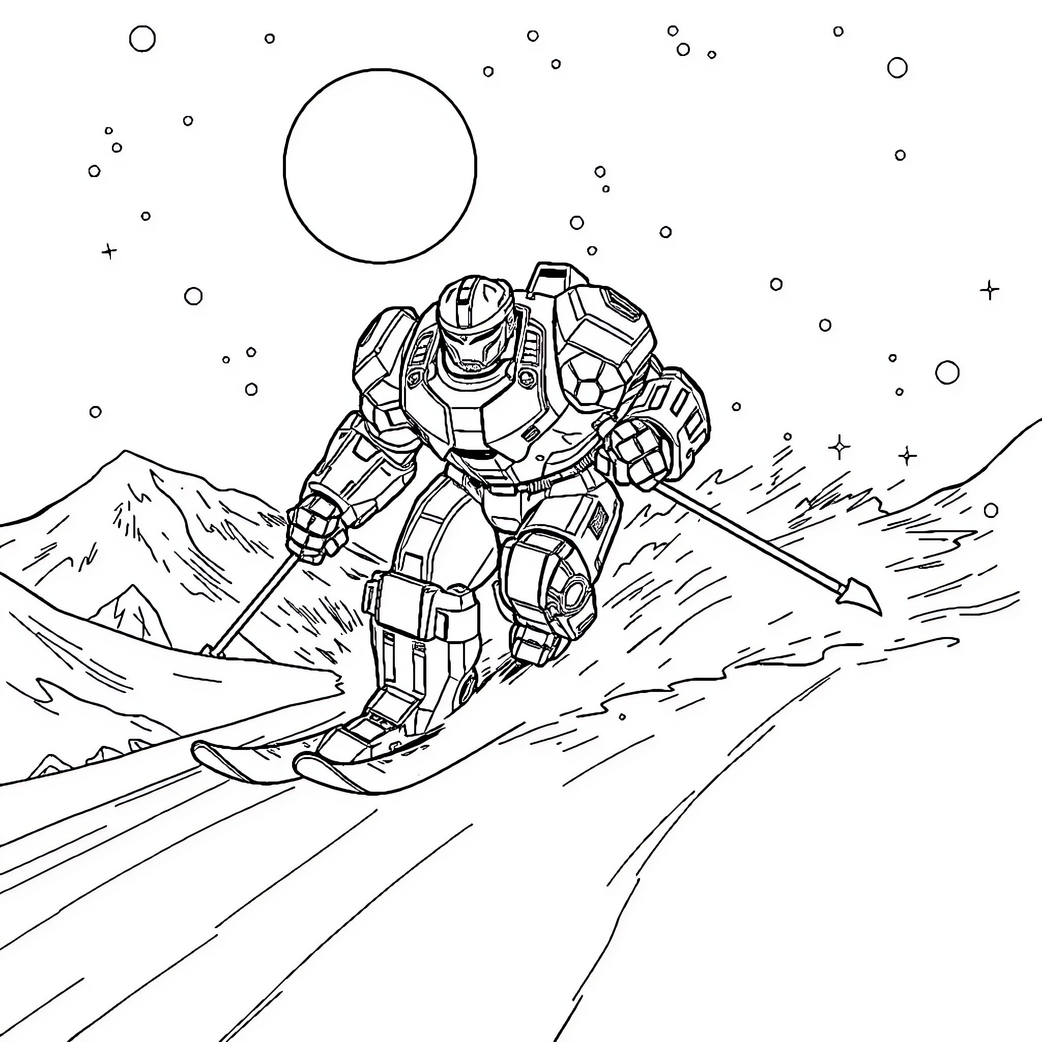 Hulkbuster Skiing Down Snowy Mountain Coloring Page (free black-and-white line drawing printable PDF for all, from beginners to advanced learners, including children, teens, adults, and seniors)