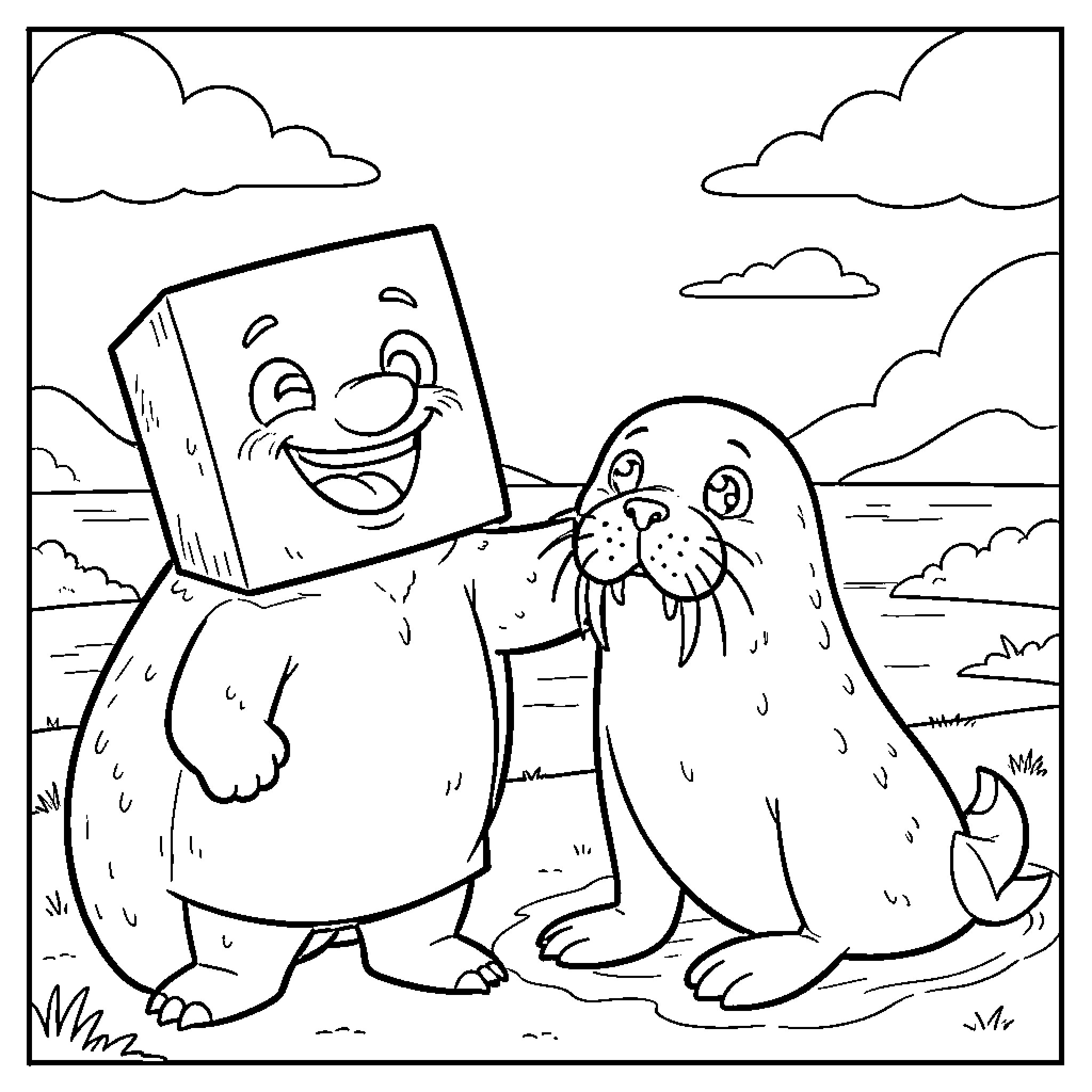 Spongebob character smiling while interacting with a walrus Coloring Page (free black-and-white line drawing printable PDF for all, from beginners to advanced learners, including children, teens, adults, and seniors)