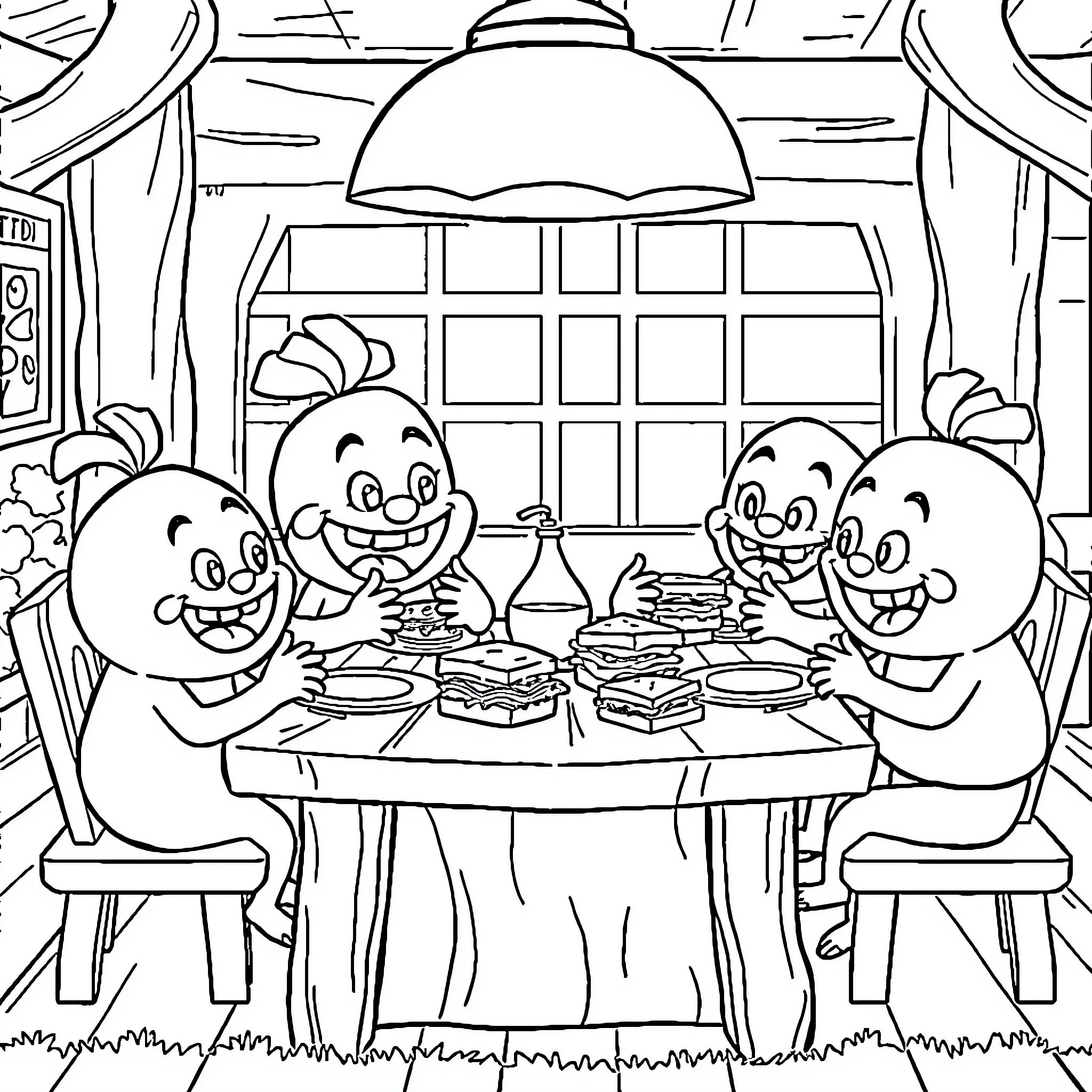 Bloons TD 6 Character Enjoying a Meal with Friends Coloring Page (free black-and-white line drawing printable PDF for all, from beginners to advanced learners, including children, teens, adults, and seniors)