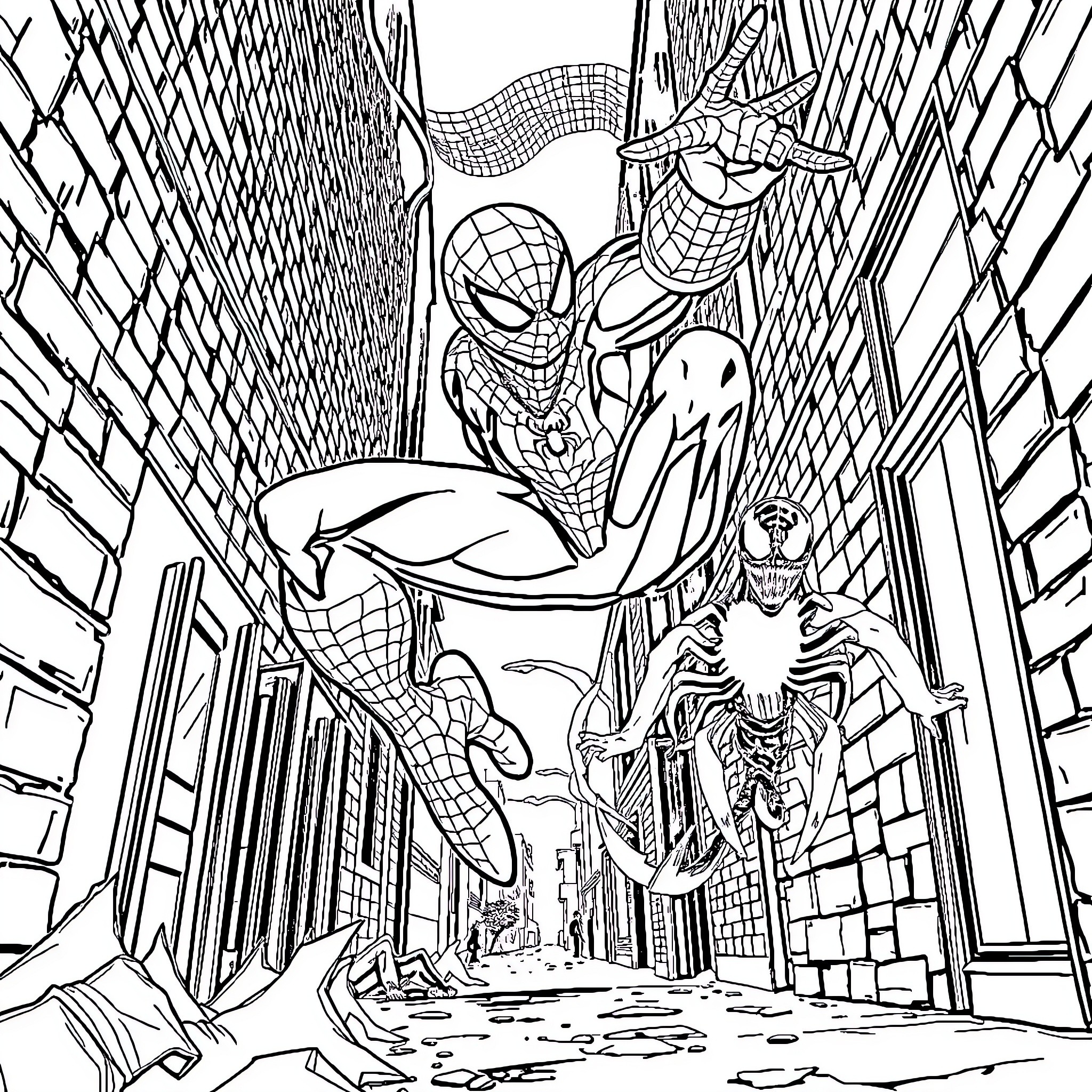 Spiderman swinging through the city streets Coloring Page (free black-and-white line drawing printable PDF for all, from beginners to advanced learners, including children, teens, adults, and seniors)