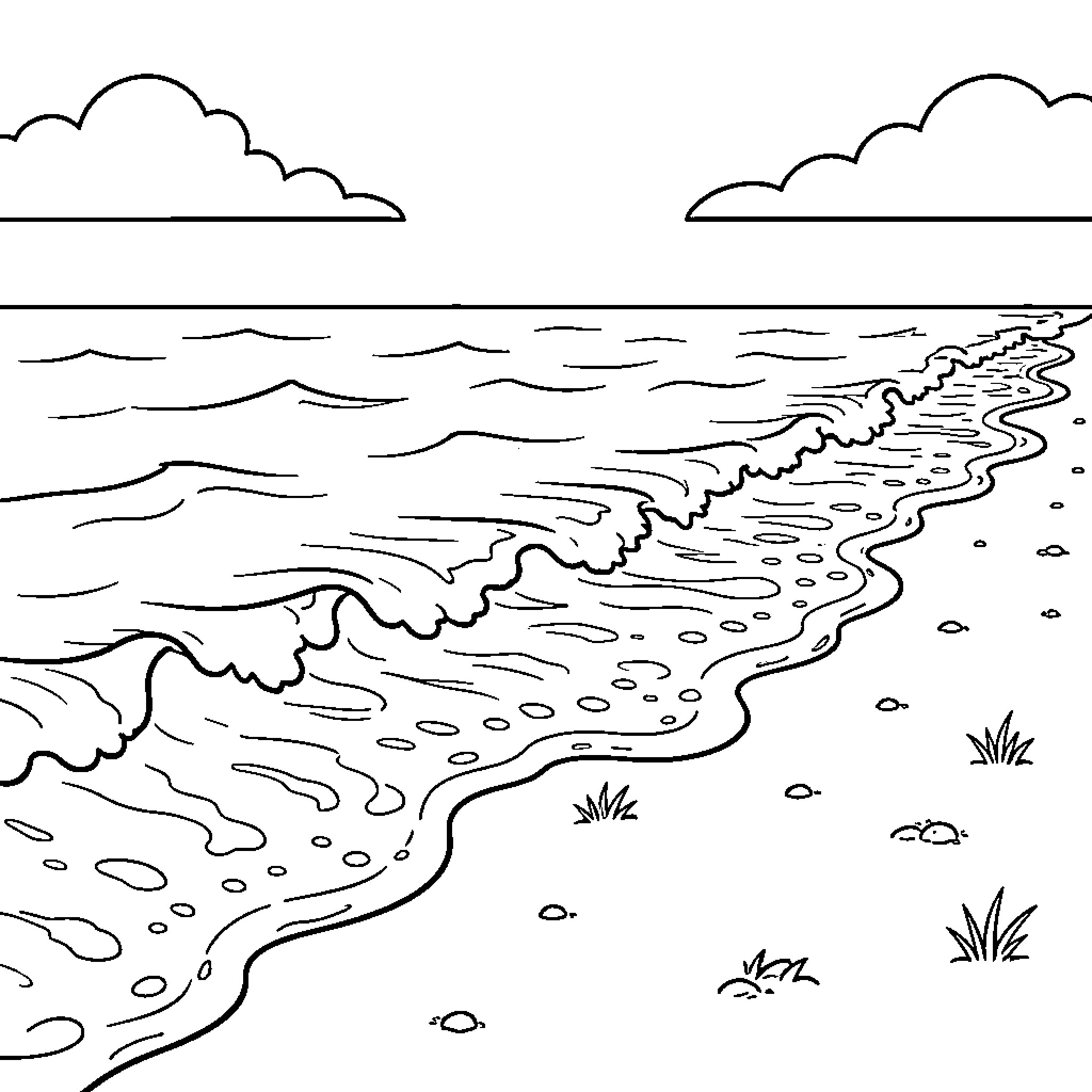 Beach waves crashing gently onto the sandy shore Coloring Page (free black-and-white line drawing printable PDF for all, from beginners to advanced learners, including children, teens, adults, and seniors)