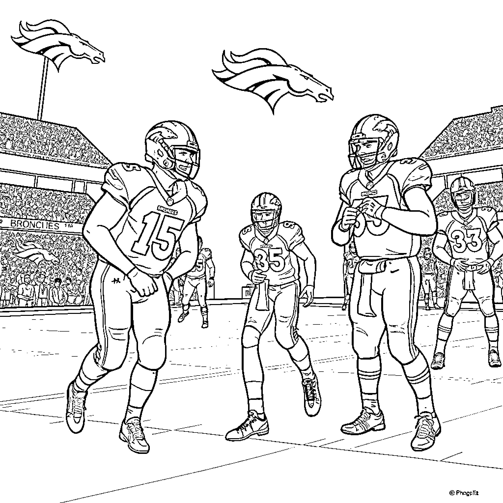 Bronco football players in game action Coloring Page (free black-and-white line drawing printable PDF for all, from beginners to advanced learners, including children, teens, adults, and seniors)