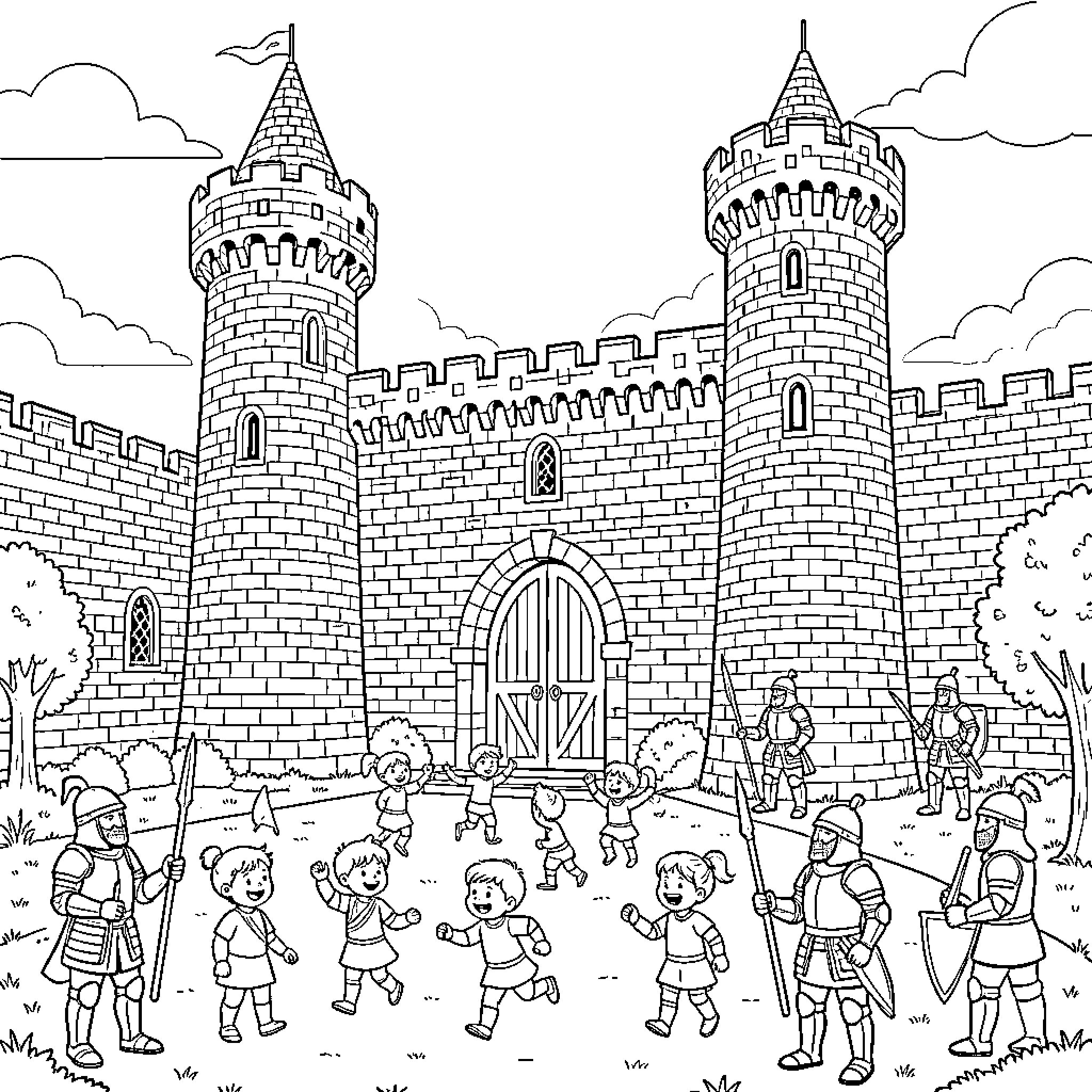 Castle with Playful Children at the Entrance Coloring Page (free black-and-white line drawing printable PDF for all, from beginners to advanced learners, including children, teens, adults, and seniors)