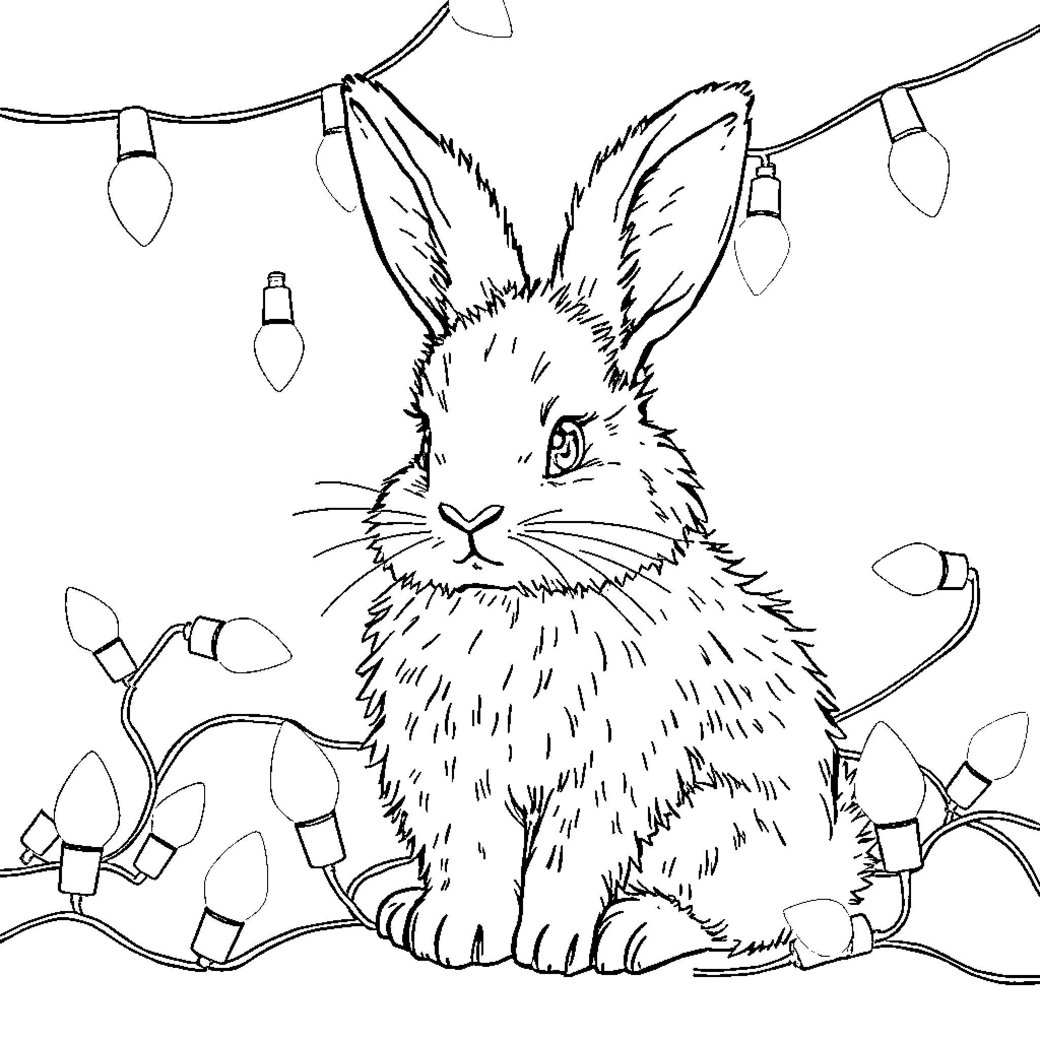 Bunny sitting amidst festive lights Coloring Page (free black-and-white line drawing printable PDF for all, from beginners to advanced learners, including children, teens, adults, and seniors)