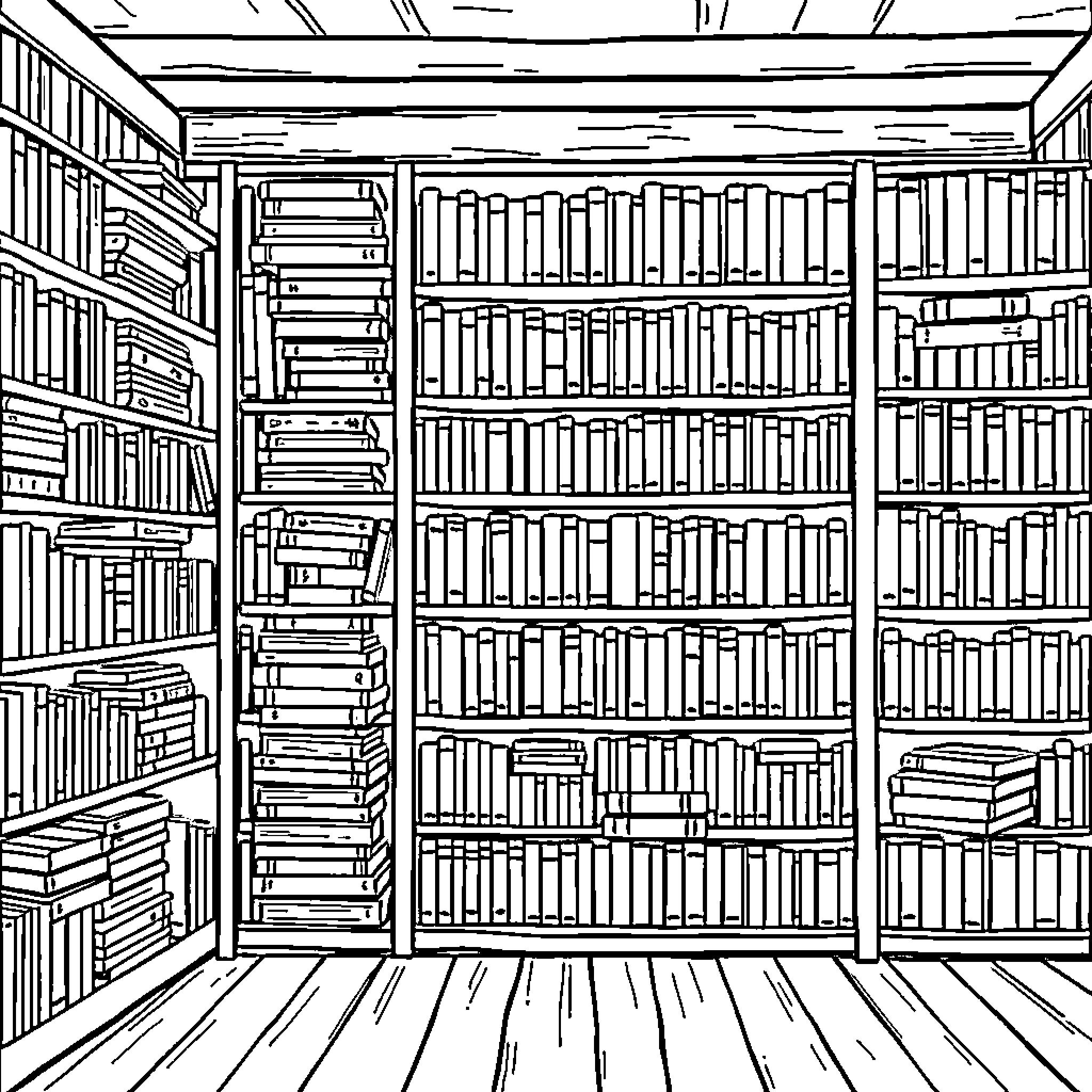 Book-filled Bookshelves in a Cozy Library Coloring Page (free black-and-white line drawing printable PDF for all, from beginners to advanced learners, including children, teens, adults, and seniors)