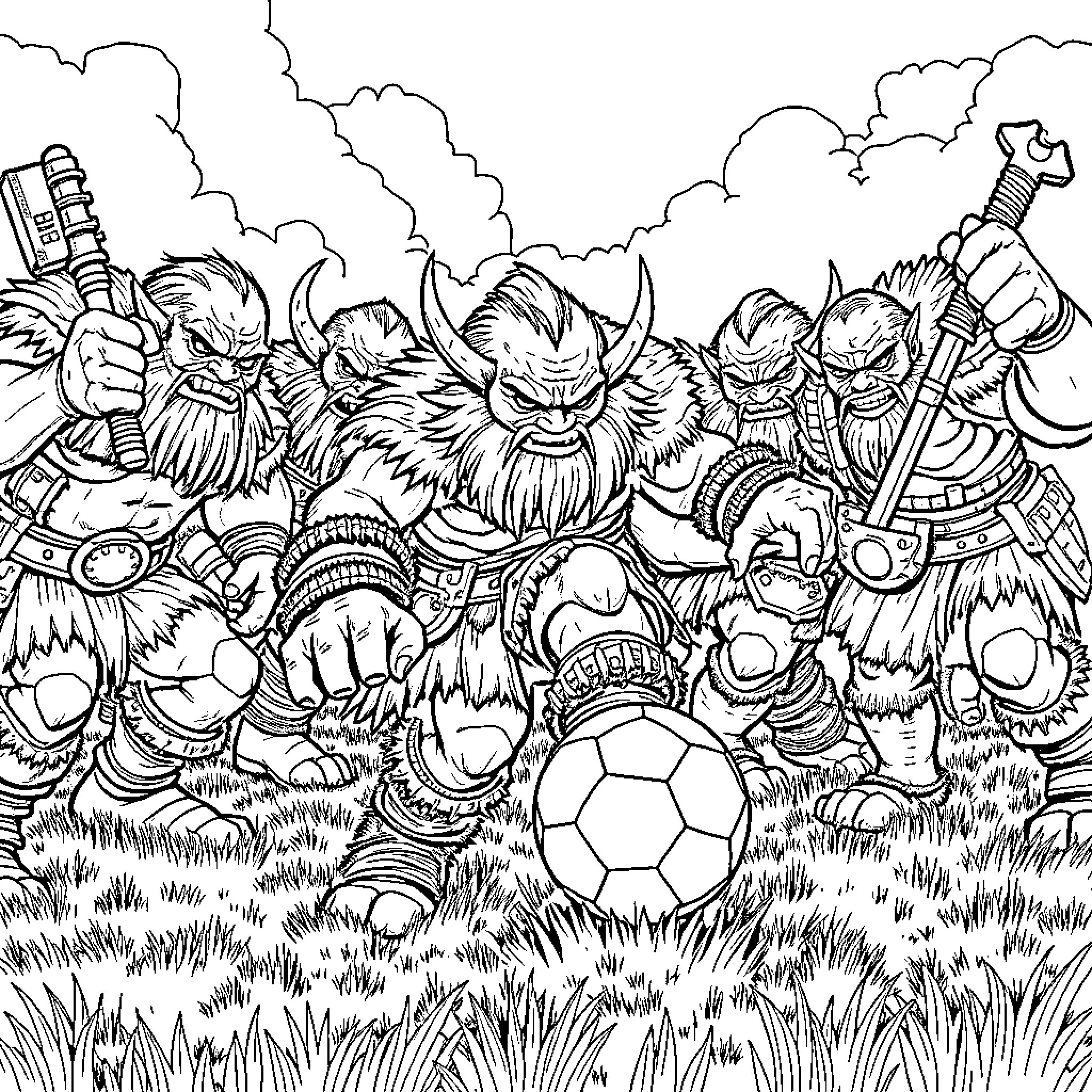 Orc warriors preparing for battle with weapons and armor Coloring Page (free black-and-white line drawing printable PDF for all, from beginners to advanced learners, including children, teens, adults, and seniors)