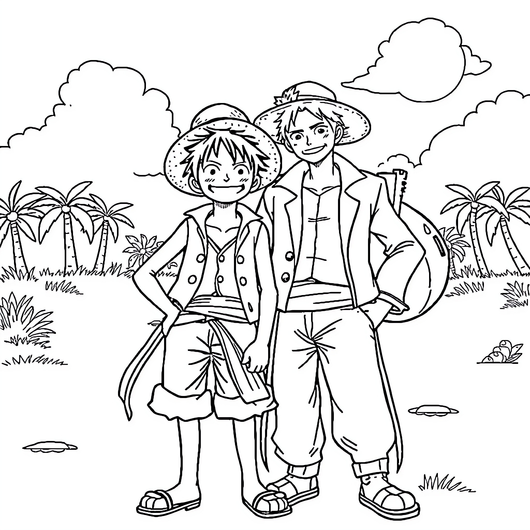 Luffy and Ace enjoying an adventure in the tropics Coloring Page (free black-and-white line drawing printable PDF for all, from beginners to advanced learners, including children, teens, adults, and seniors)