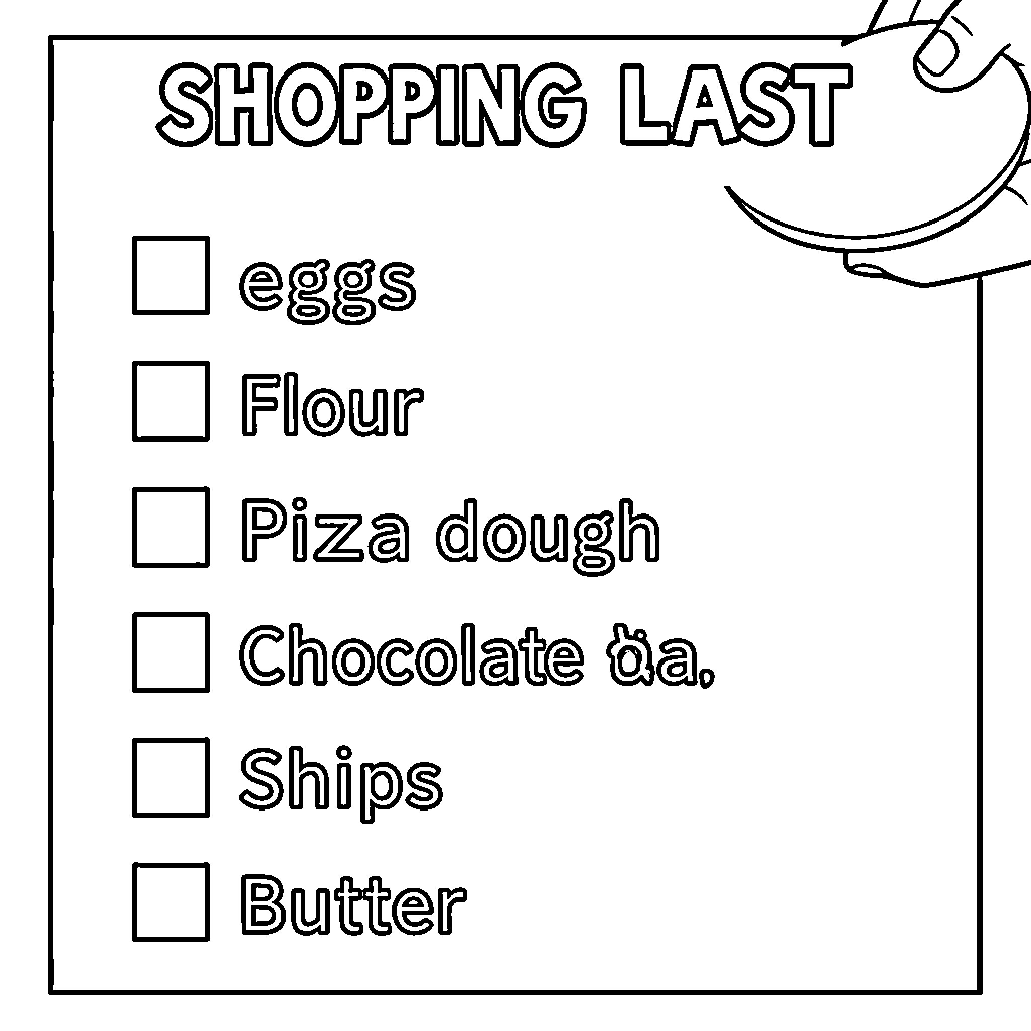 Shopping List for Household Items Coloring Page (free black-and-white line drawing printable PDF for all, from beginners to advanced learners, including children, teens, adults, and seniors)