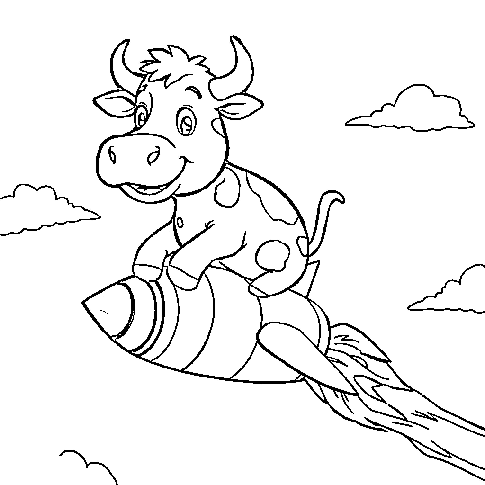 Cow riding a rocket in the sky Coloring Page (free black-and-white line drawing printable PDF for all, from beginners to advanced learners, including children, teens, adults, and seniors)