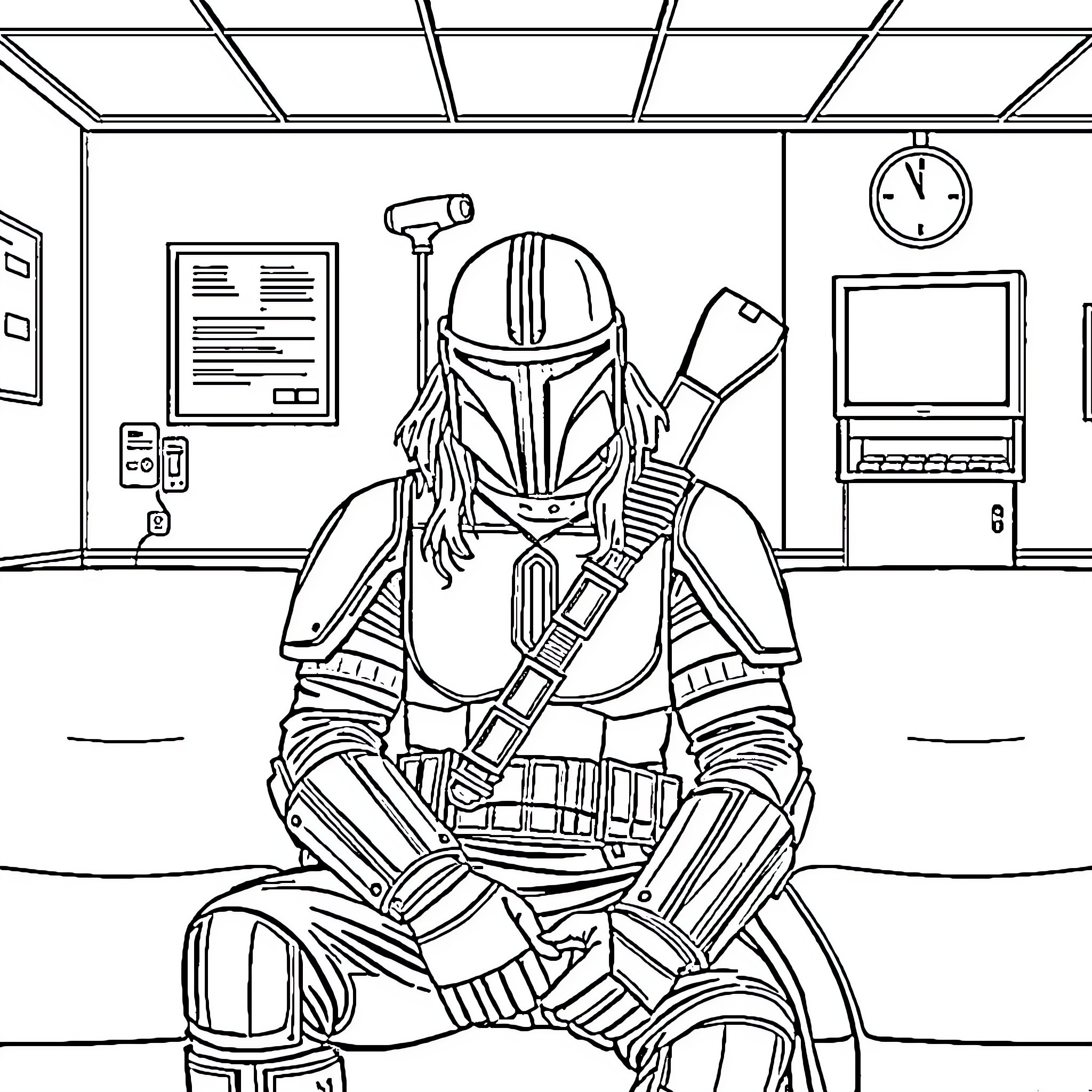 Mandalorian warrior in a futuristic workspace Coloring Page (free black-and-white line drawing printable PDF for all, from beginners to advanced learners, including children, teens, adults, and seniors)