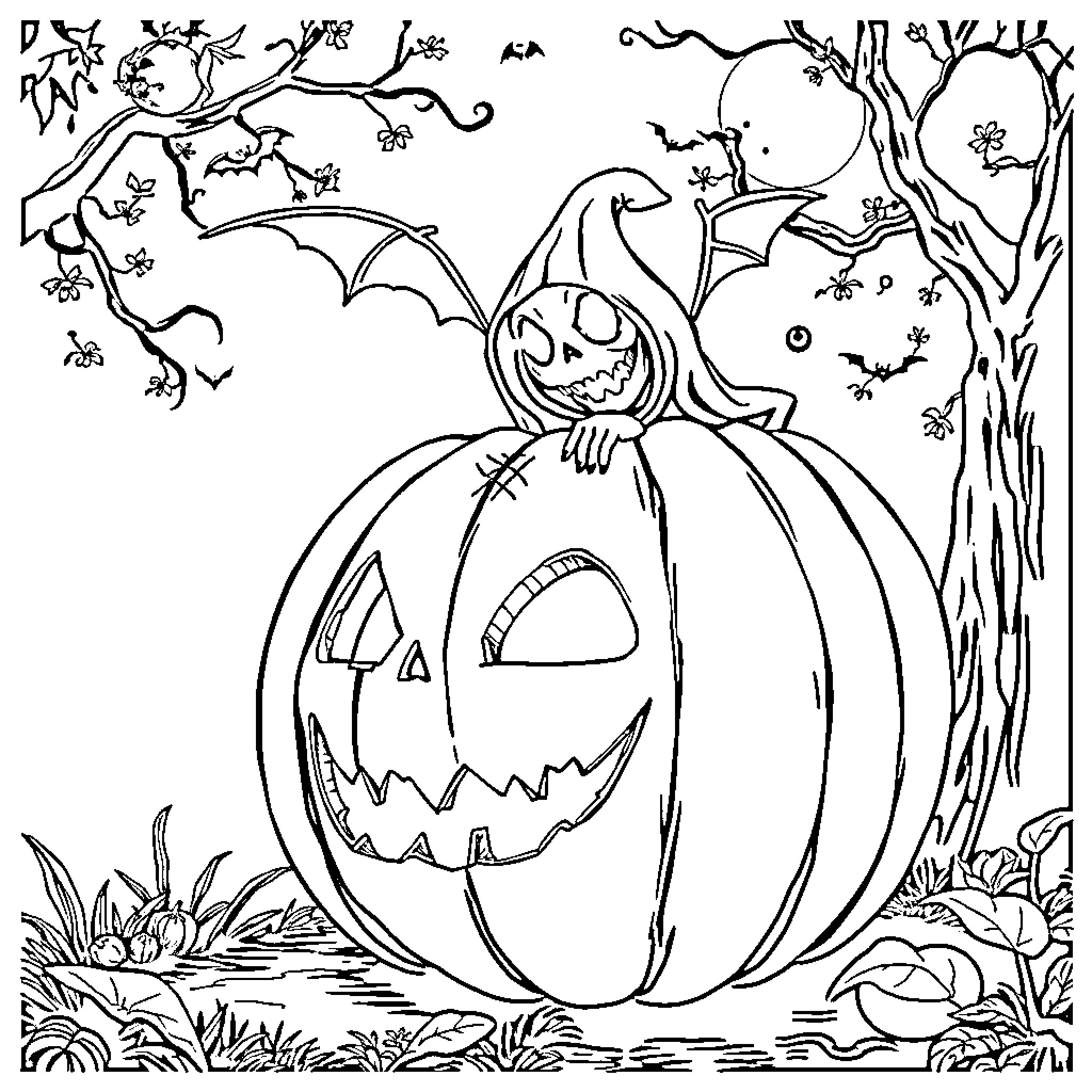 Calabaza - Carved Pumpkin and Bats in Spooky Forest Coloring Page (free black-and-white line drawing printable PDF for all, from beginners to advanced learners, including children, teens, adults, and seniors)