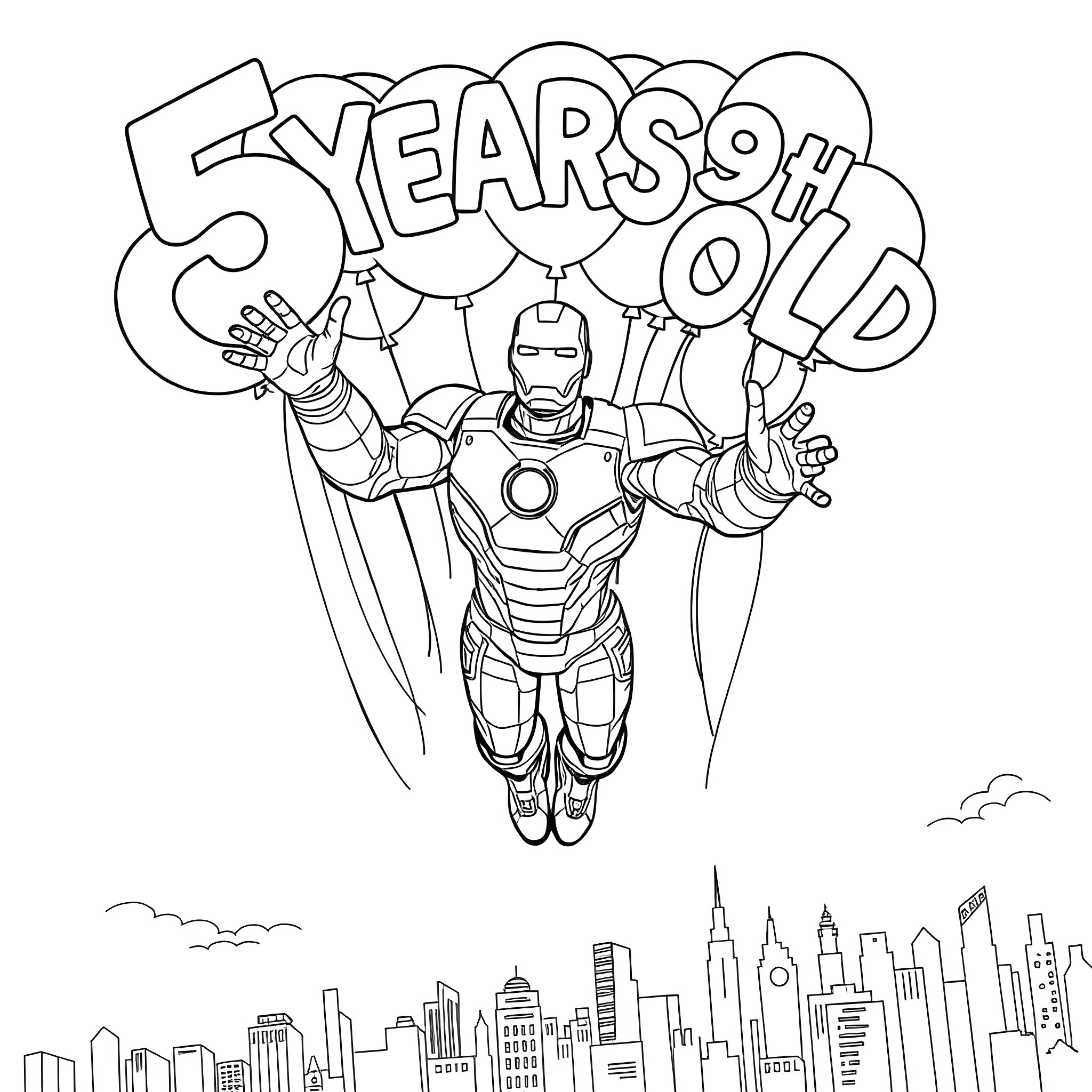 Ironman celebrating 5 years over a city skyline Coloring Page (free black-and-white line drawing printable PDF for all, from beginners to advanced learners, including children, teens, adults, and seniors)