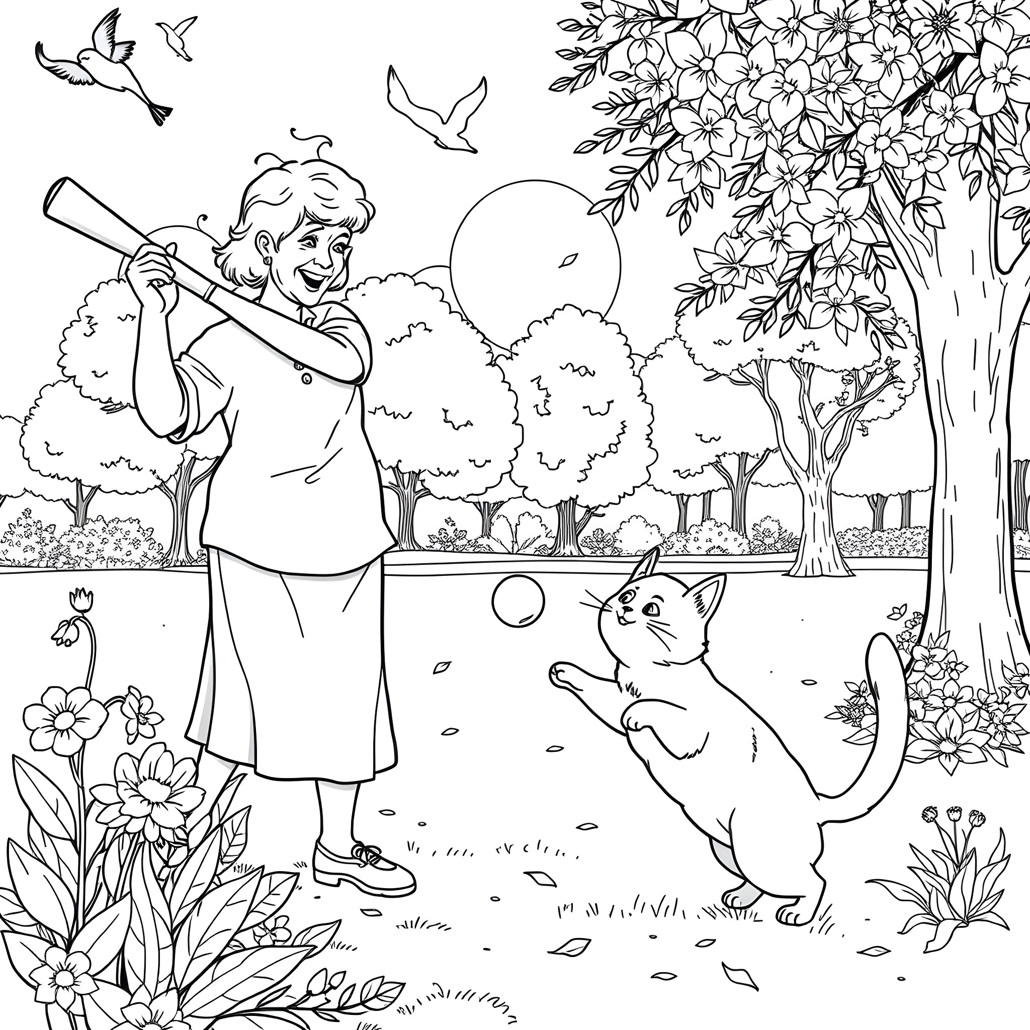 Granny enjoying the outdoors with her cat companion Coloring Page (free black-and-white line drawing printable PDF for all, from beginners to advanced learners, including children, teens, adults, and seniors)