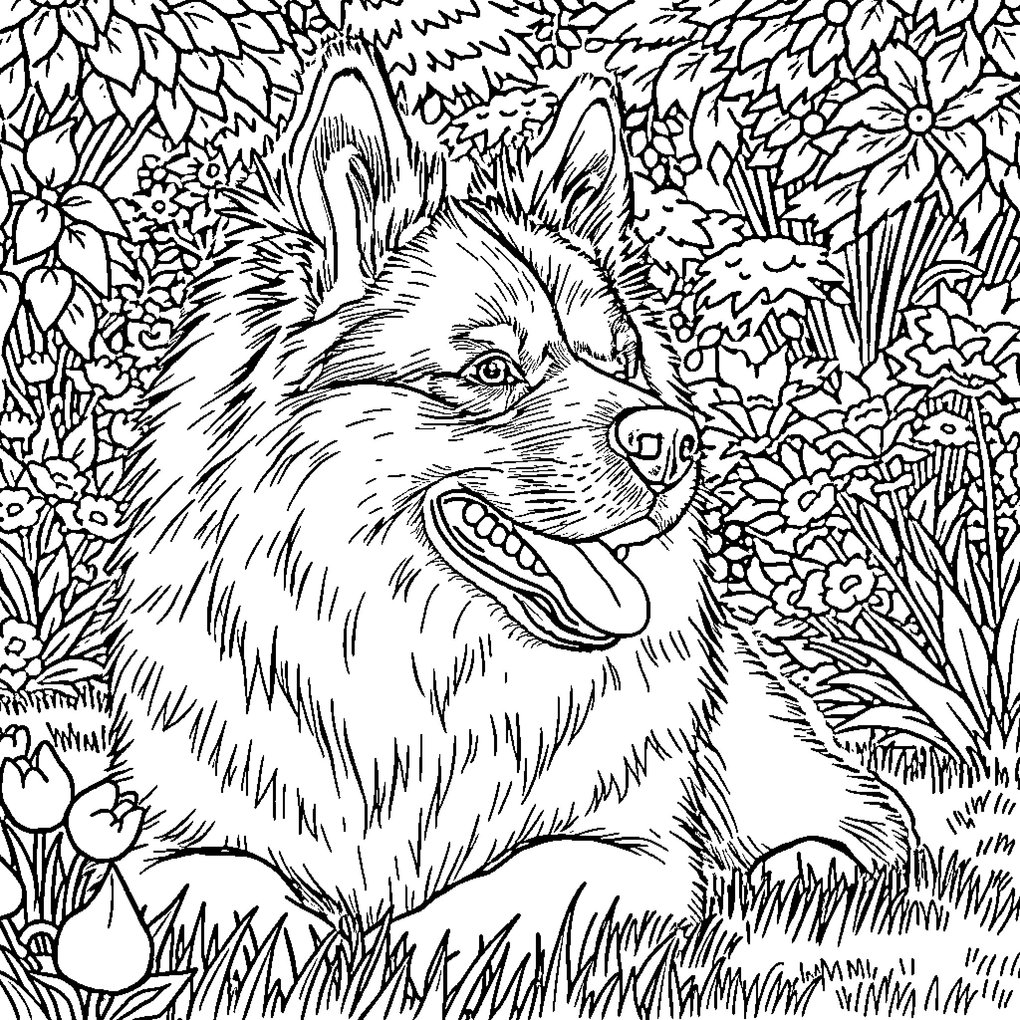 Eurasier dog in lush forest setting Coloring Page (free black-and-white line drawing printable PDF for all, from beginners to advanced learners, including children, teens, adults, and seniors)